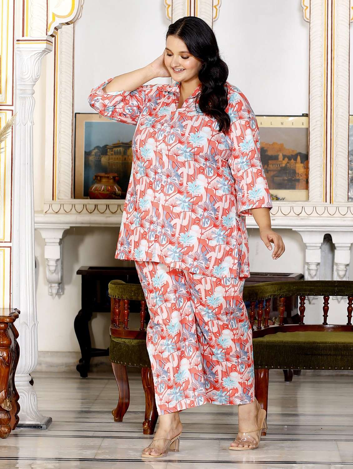 women three quarter sleeve plus size ethnic co-ord set - 22076445 -  Standard Image - 1