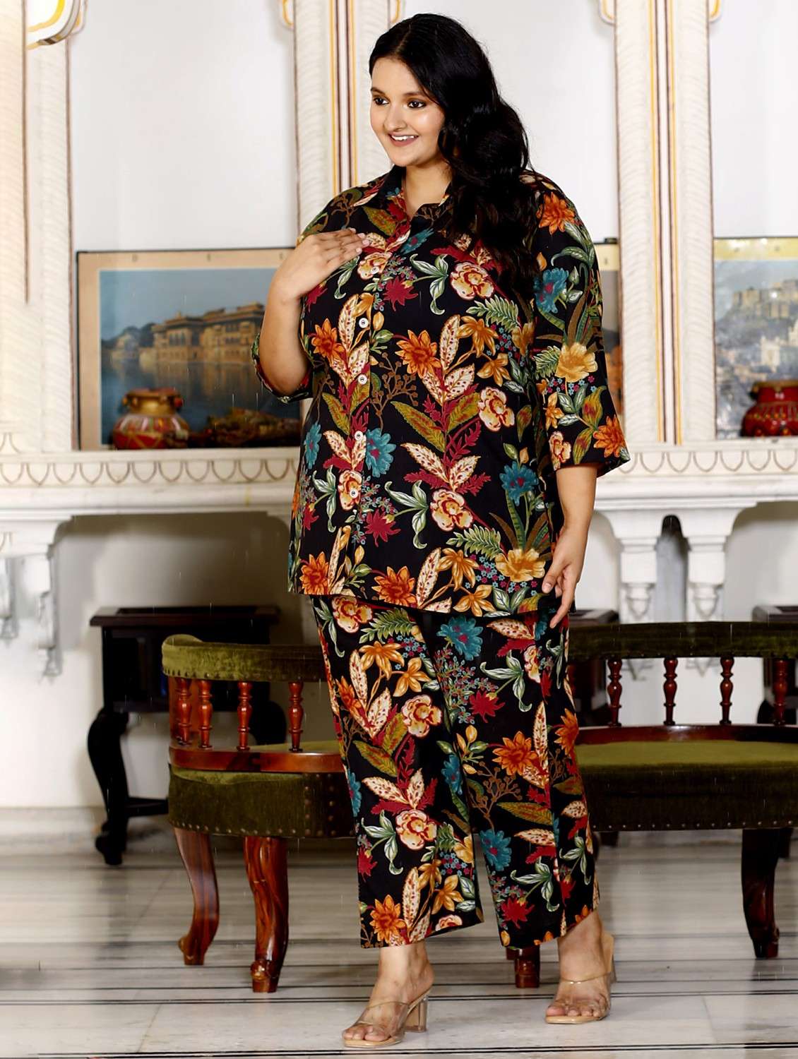 women three quarter sleeve plus size ethnic co-ord set - 22076447 -  Standard Image - 1