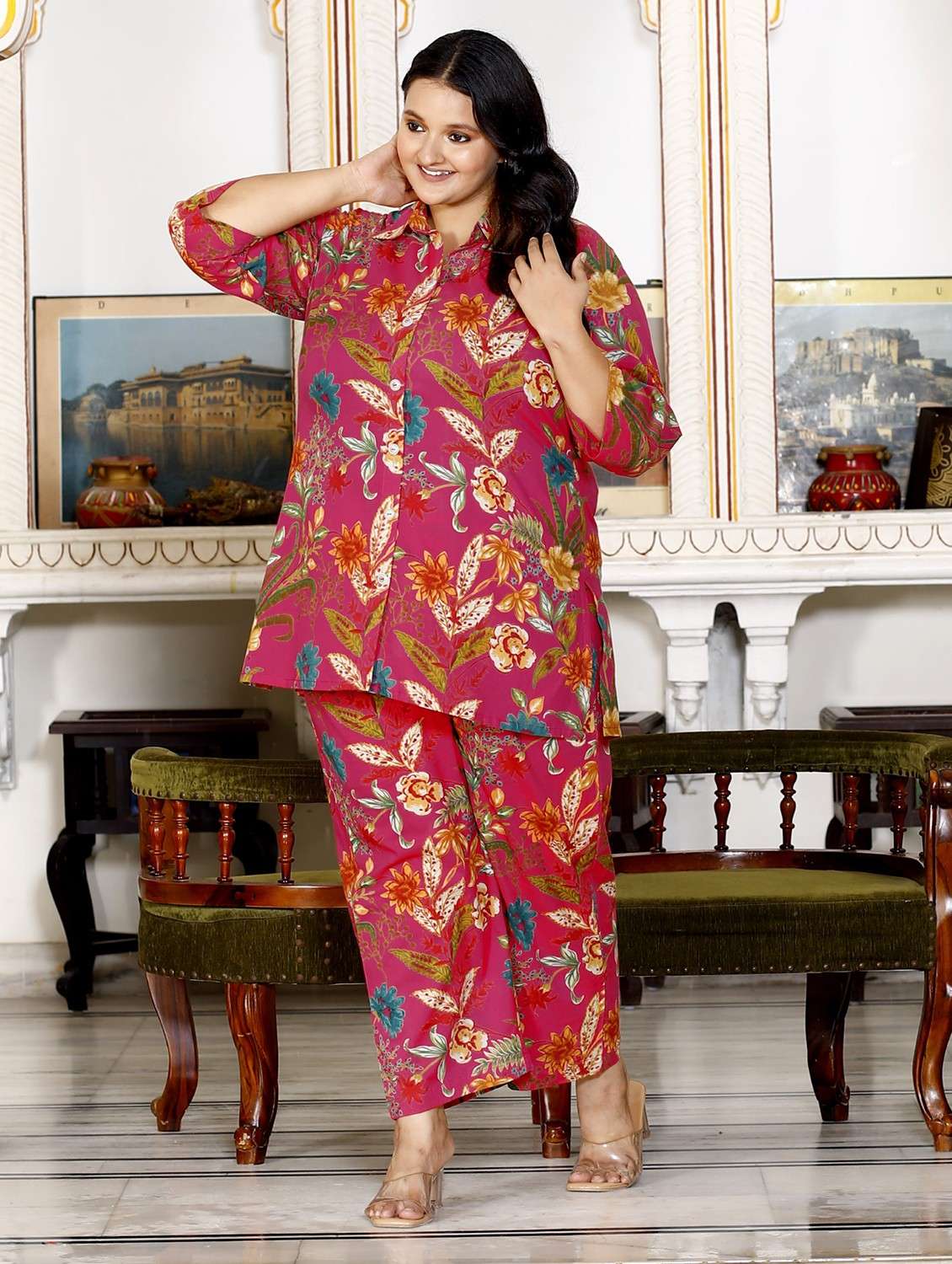 women three quarter sleeve plus size ethnic co-ord set - 22076448 -  Standard Image - 1