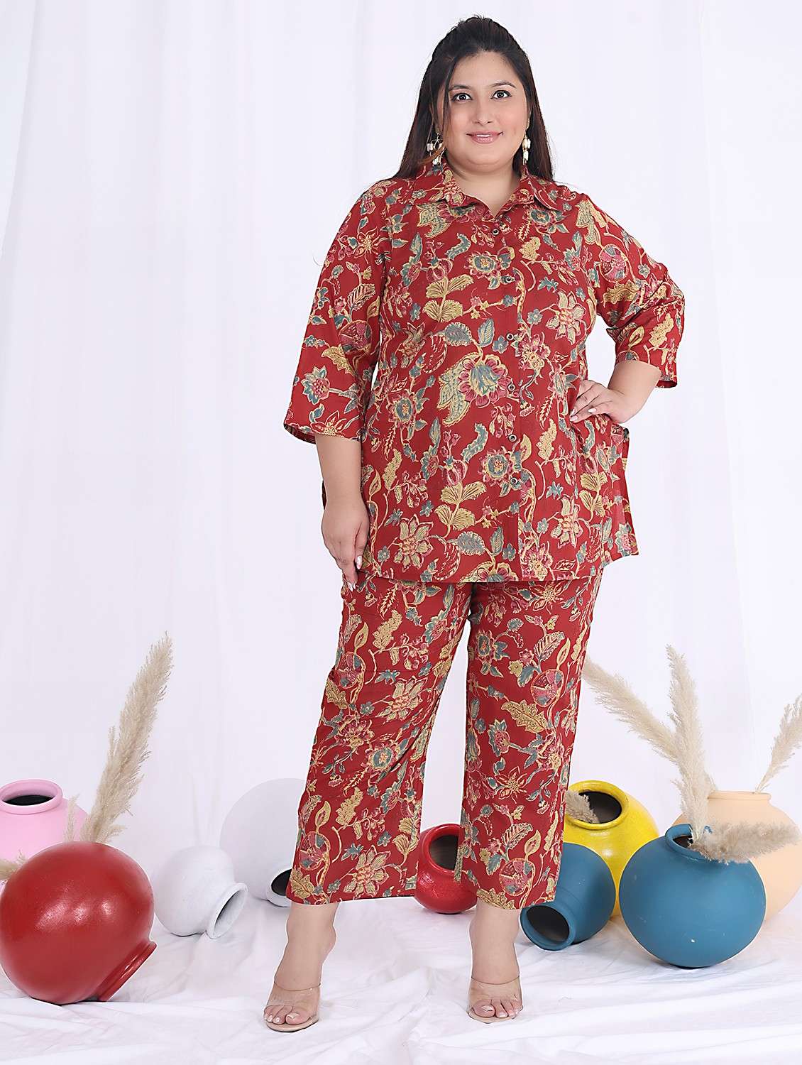 women three quarter sleeve plus size ethnic co-ord set - 22076449 -  Standard Image - 1