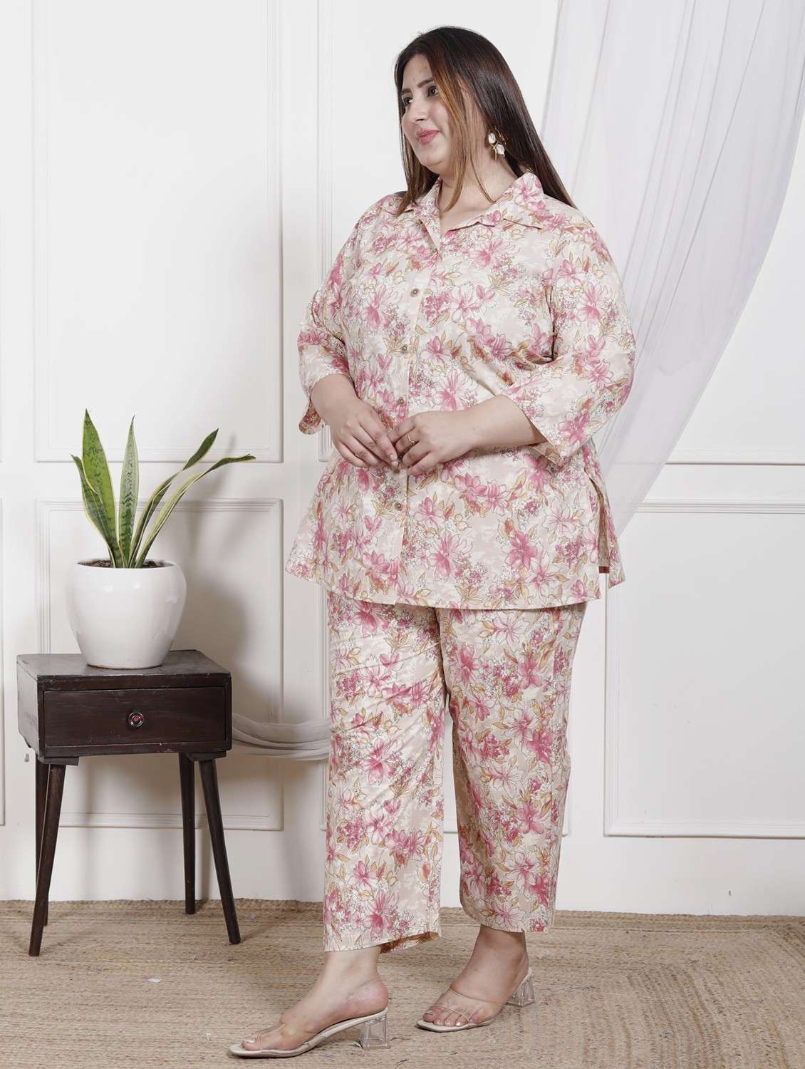 women three quarter sleeve plus size ethnic co-ord set - 22076454 - Standard Image - 1