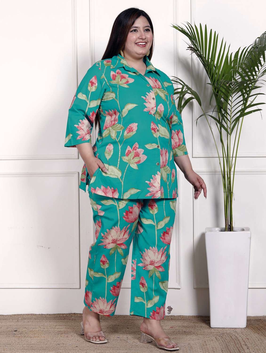 women three quarter sleeve plus size ethnic co-ord set - 22076456 -  Standard Image - 1