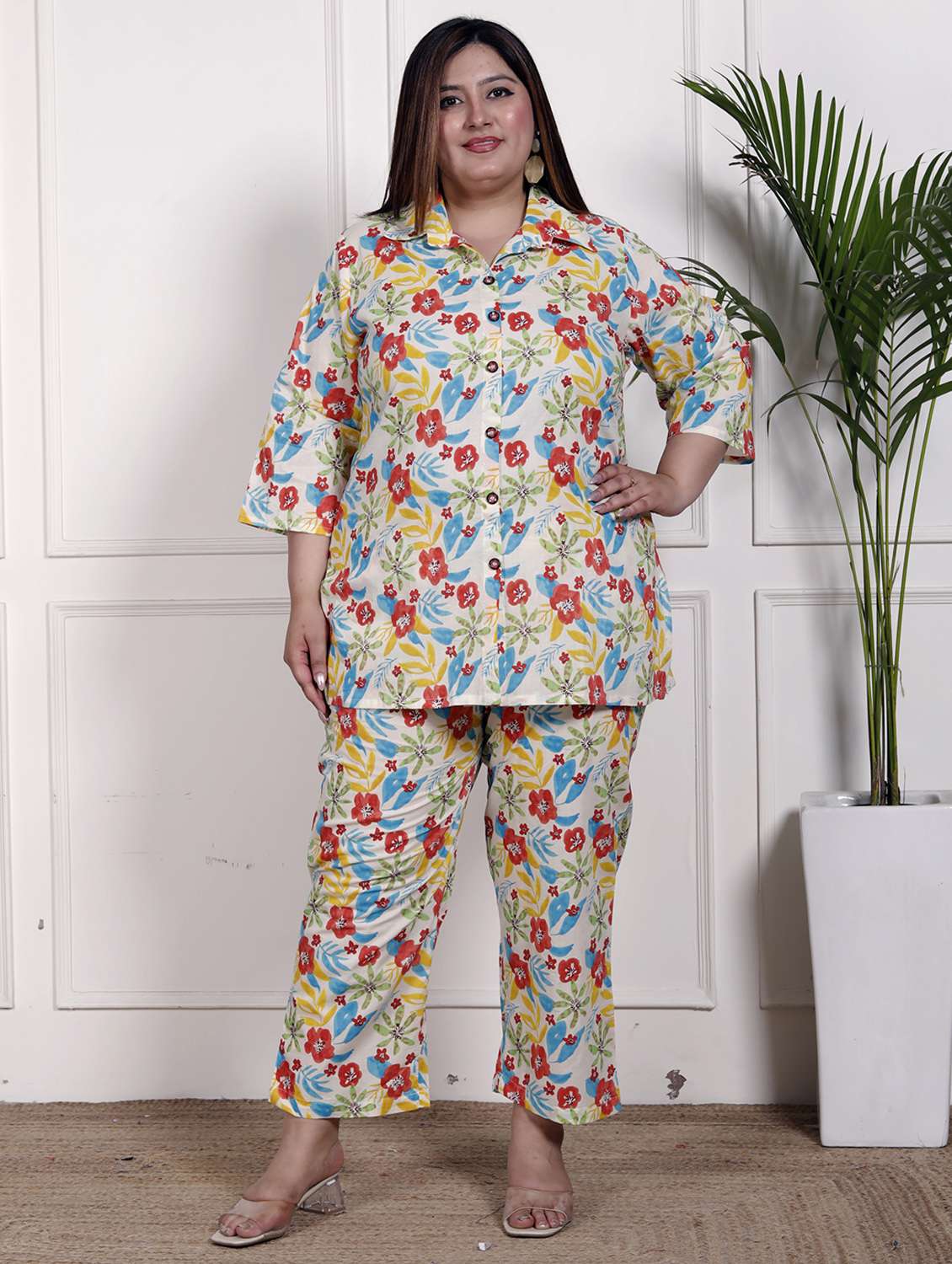 women three quarter sleeve plus size ethnic co-ord set