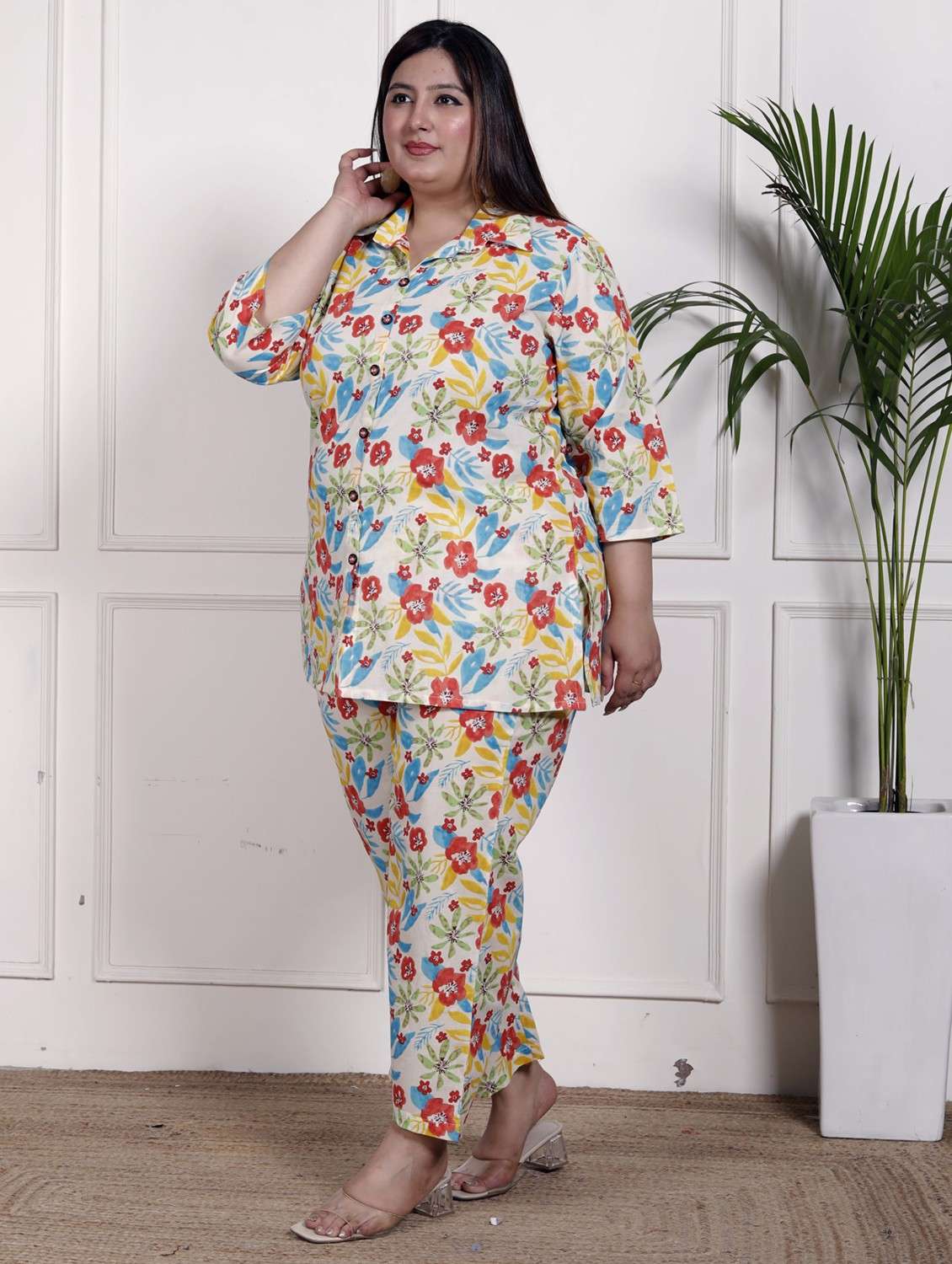 women three quarter sleeve plus size ethnic co-ord set - 22076459 - Standard Image - 1