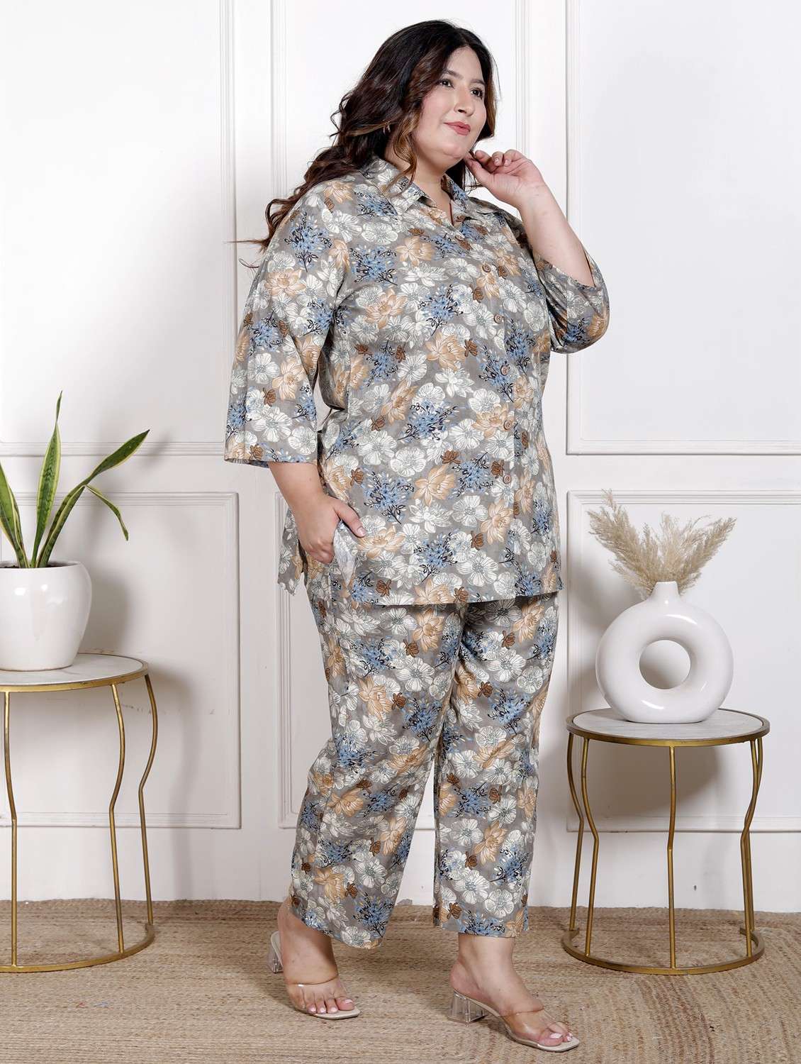 women three quarter sleeve plus size ethnic co-ord set - 22076462 - Standard Image - 1