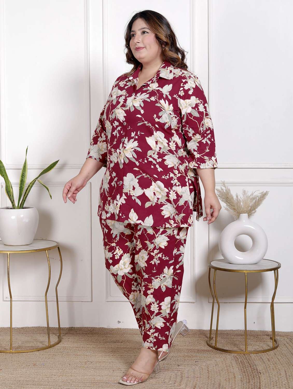 women three quarter sleeve plus size ethnic co-ord set - 22076467 - Standard Image - 1