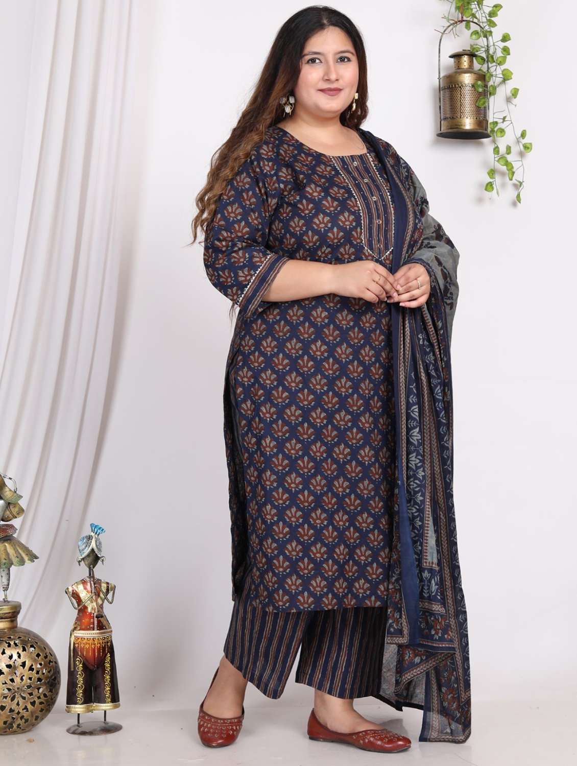women printed three quarter sleeve kurta pant with dupatta set - 22076472 -  Standard Image - 1