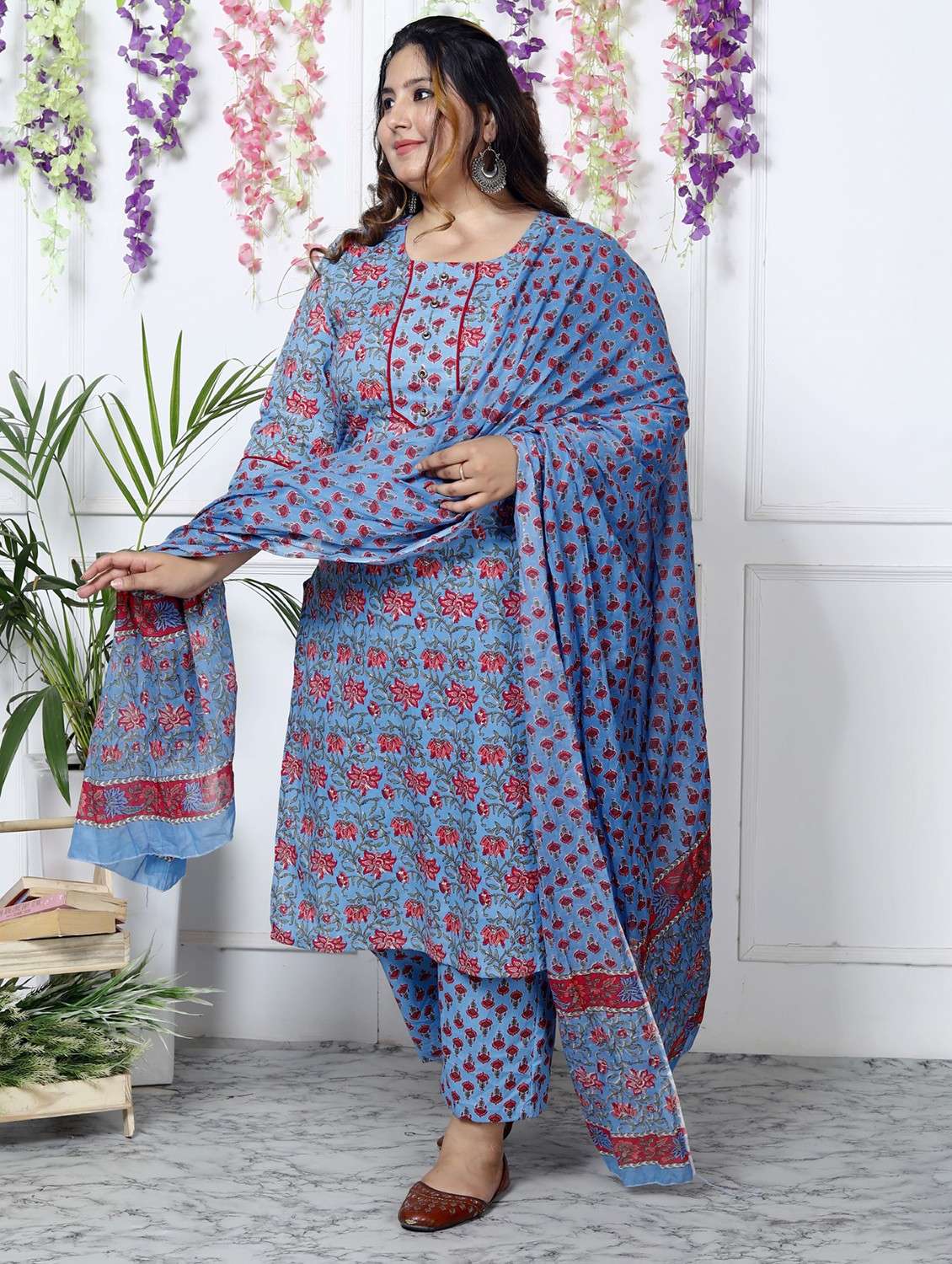 women printed three quarter sleeve kurta pant with dupatta set - 22076491 -  Standard Image - 1