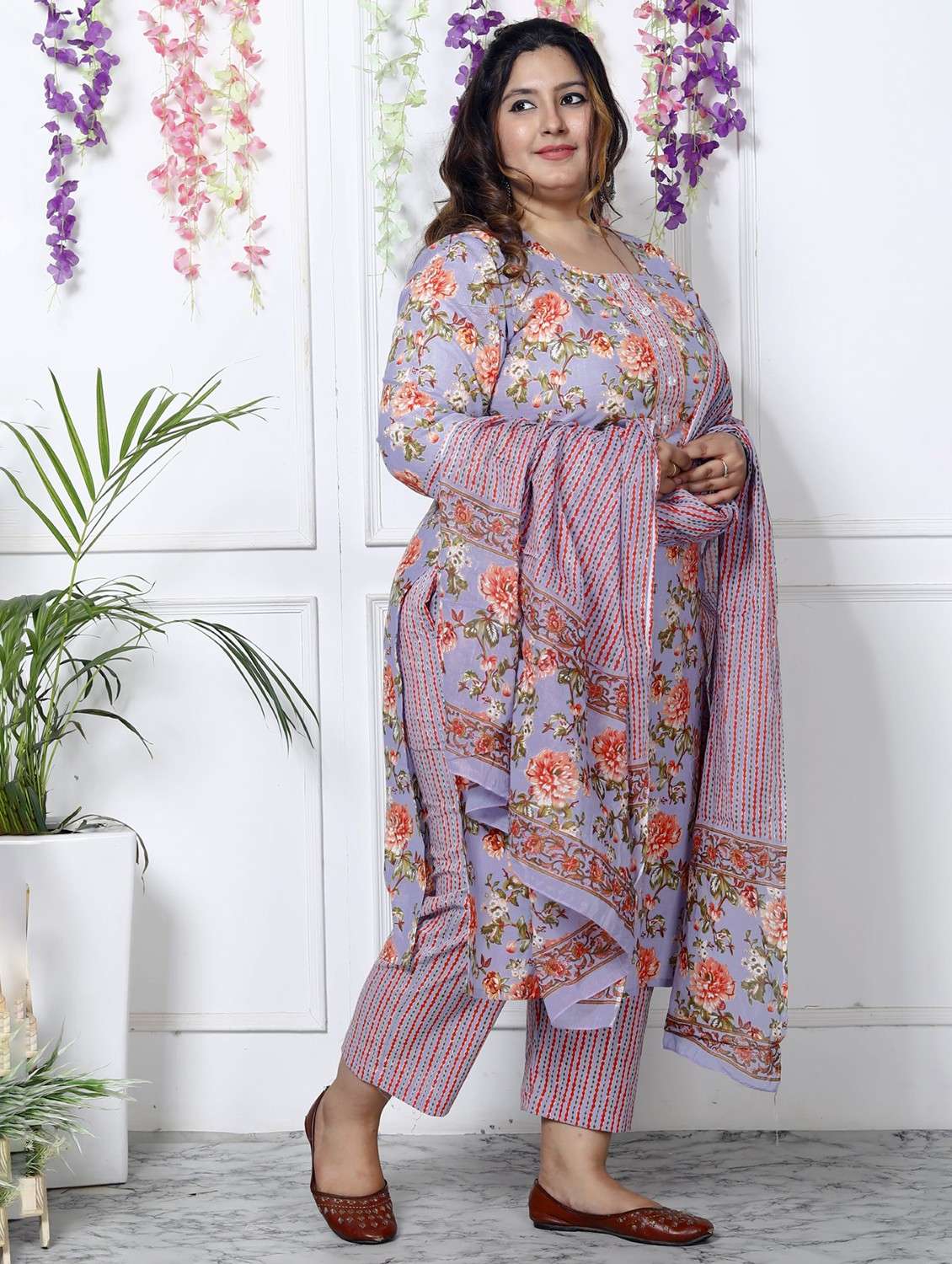 women floral printed three quarter sleeve kurta pant with dupatta set - 22076492 -  Standard Image - 1