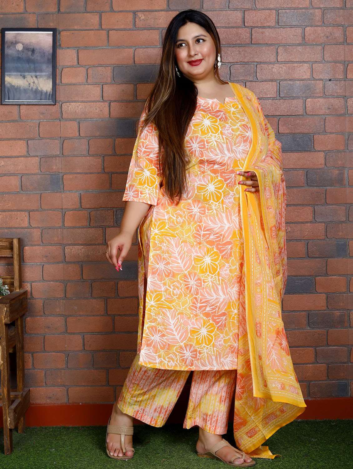 women floral printed three quarter sleeve kurta pant with dupatta set - 22076500 -  Standard Image - 1