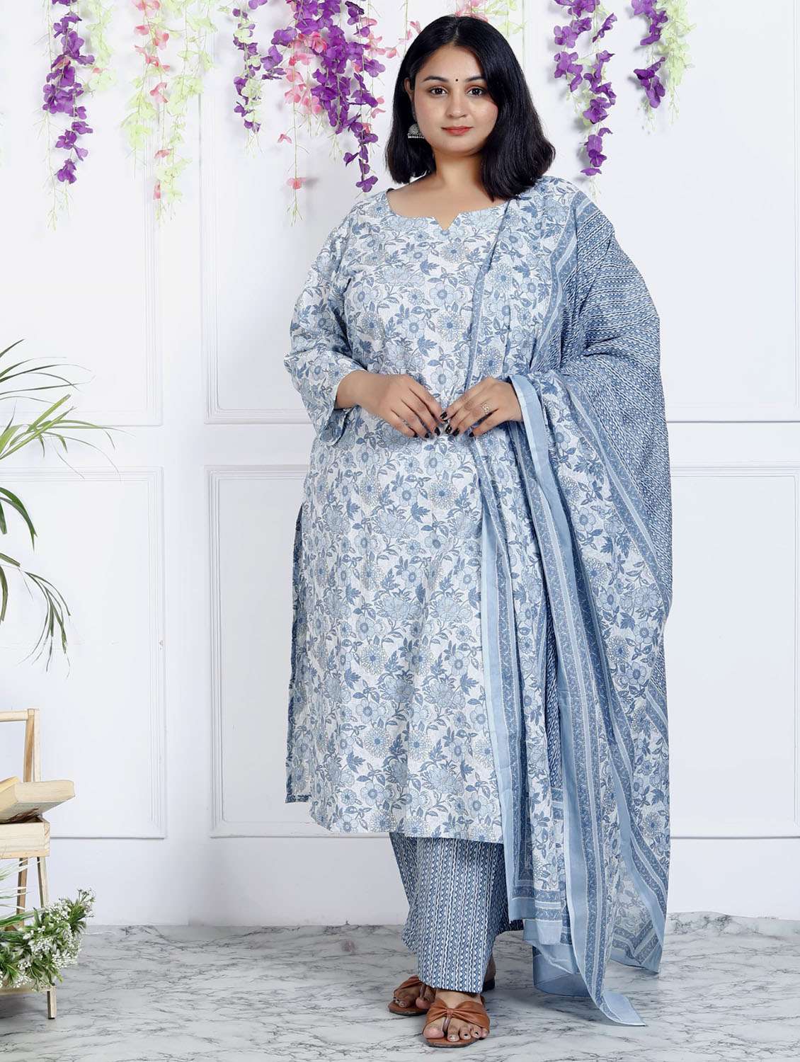women floral printed three quarter sleeve kurta pant with dupatta set - 22076502 -  Standard Image - 1