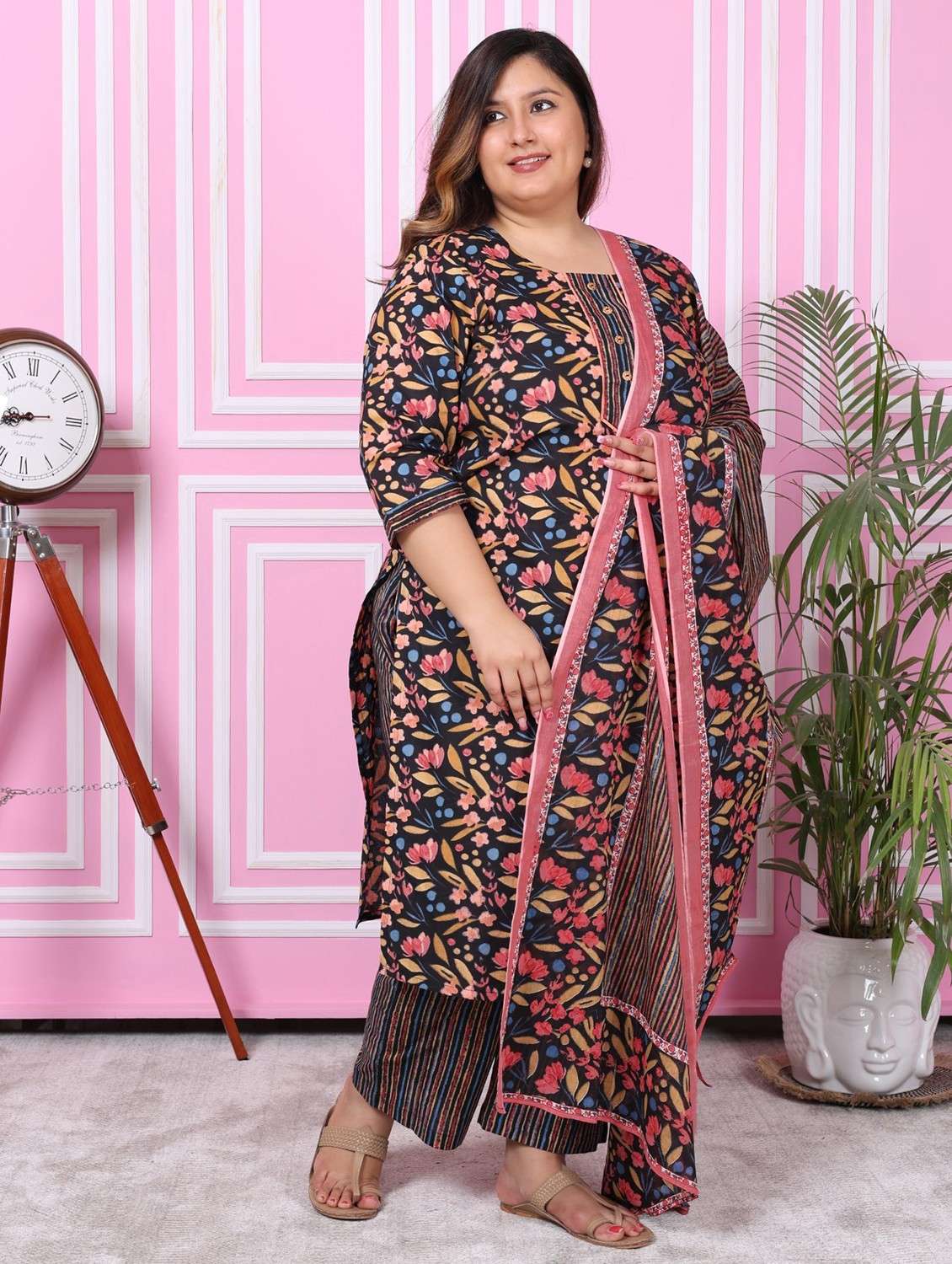 women floral printed three quarter sleeve kurta pant with dupatta set - 22076505 -  Standard Image - 1