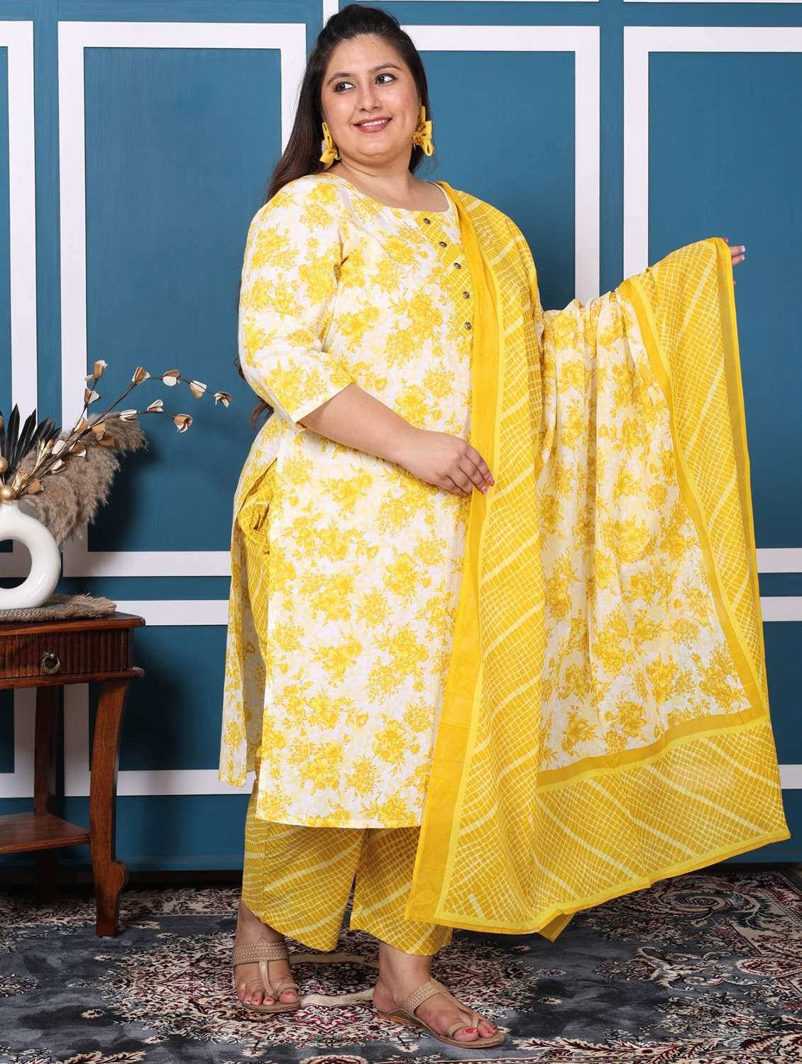 women floral printed three quarter sleeve kurta pant with dupatta set - 22076506 -  Standard Image - 1