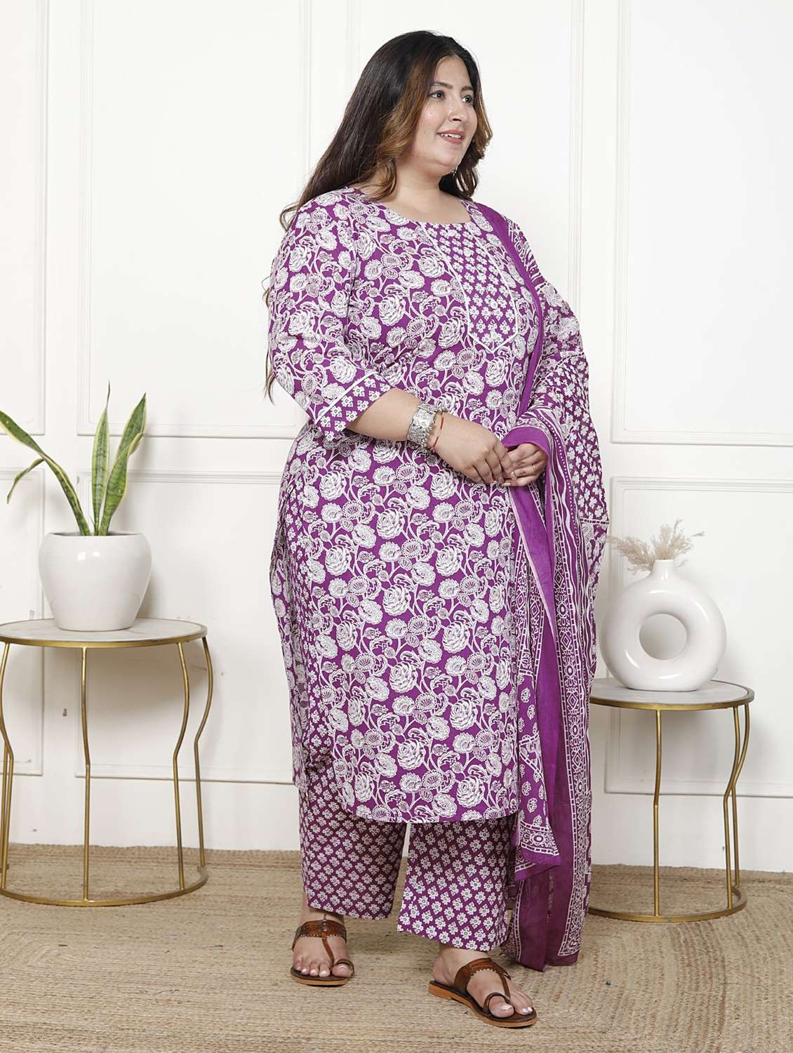 women floral printed three quarter sleeve kurta pant with dupatta set - 22076521 -  Standard Image - 1