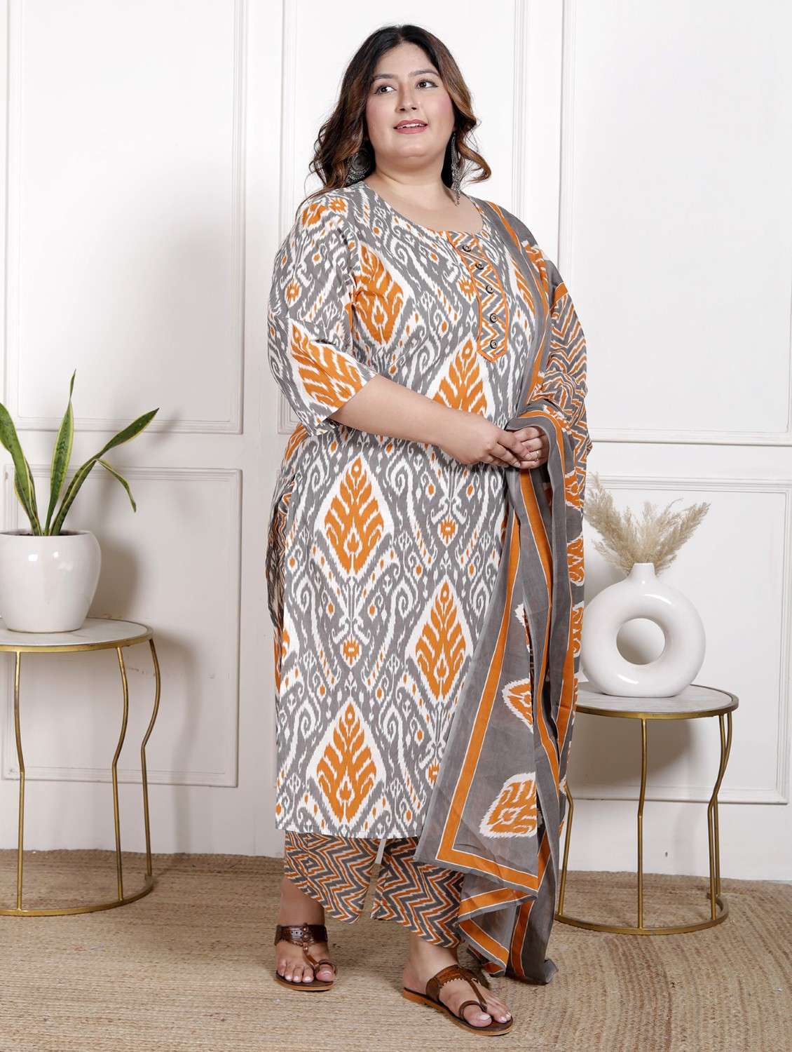 women ikat printed three quarter sleeve kurta pant with dupatta set - 22076526 -  Standard Image - 1