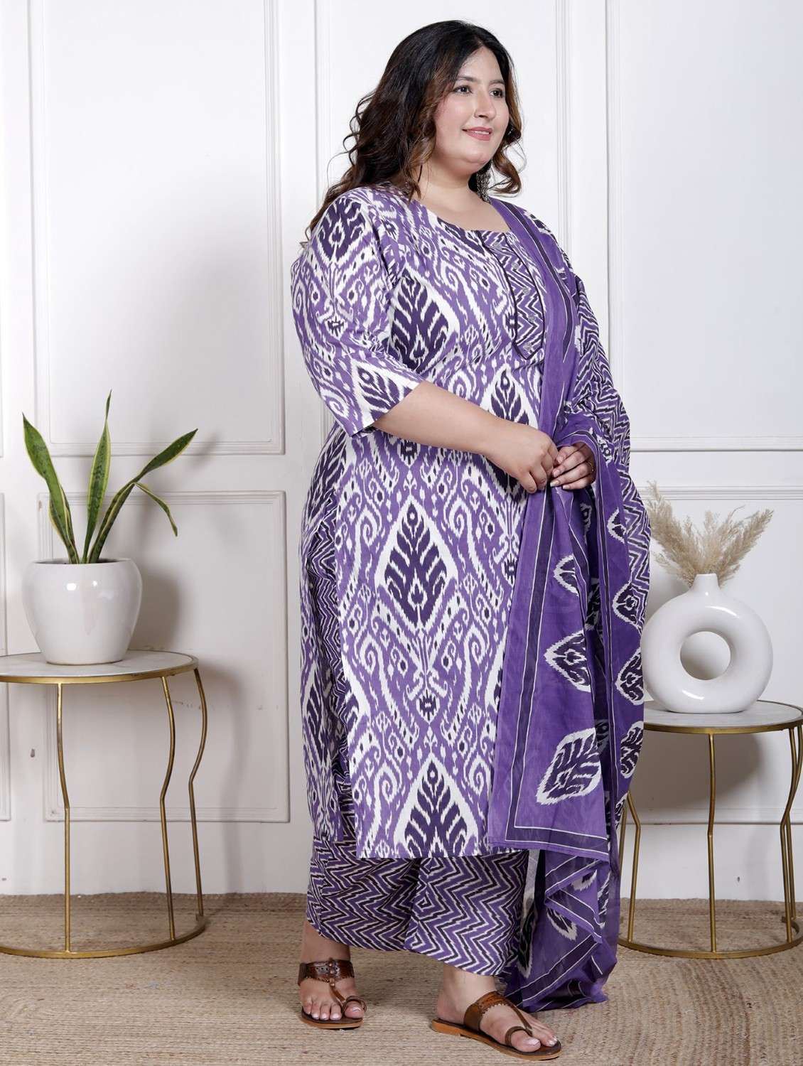 women ikat printed three quarter sleeve kurta pant with dupatta set - 22076527 -  Standard Image - 1