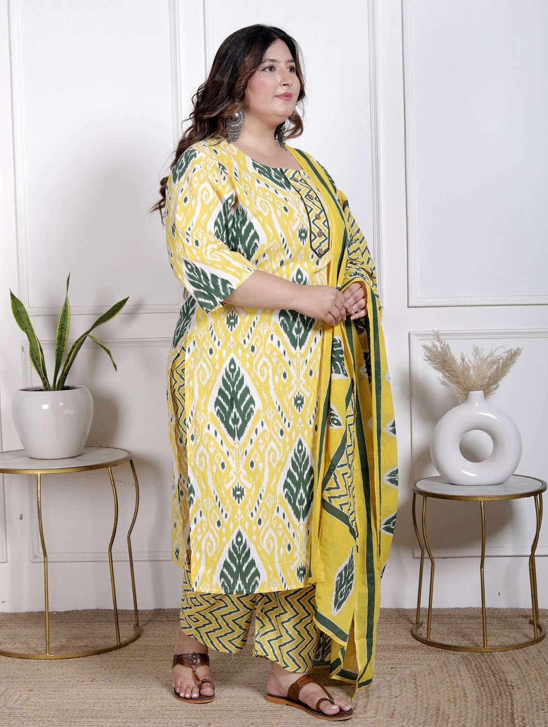women ikat printed three quarter sleeve kurta pant with dupatta set - 22076528 -  Standard Image - 1