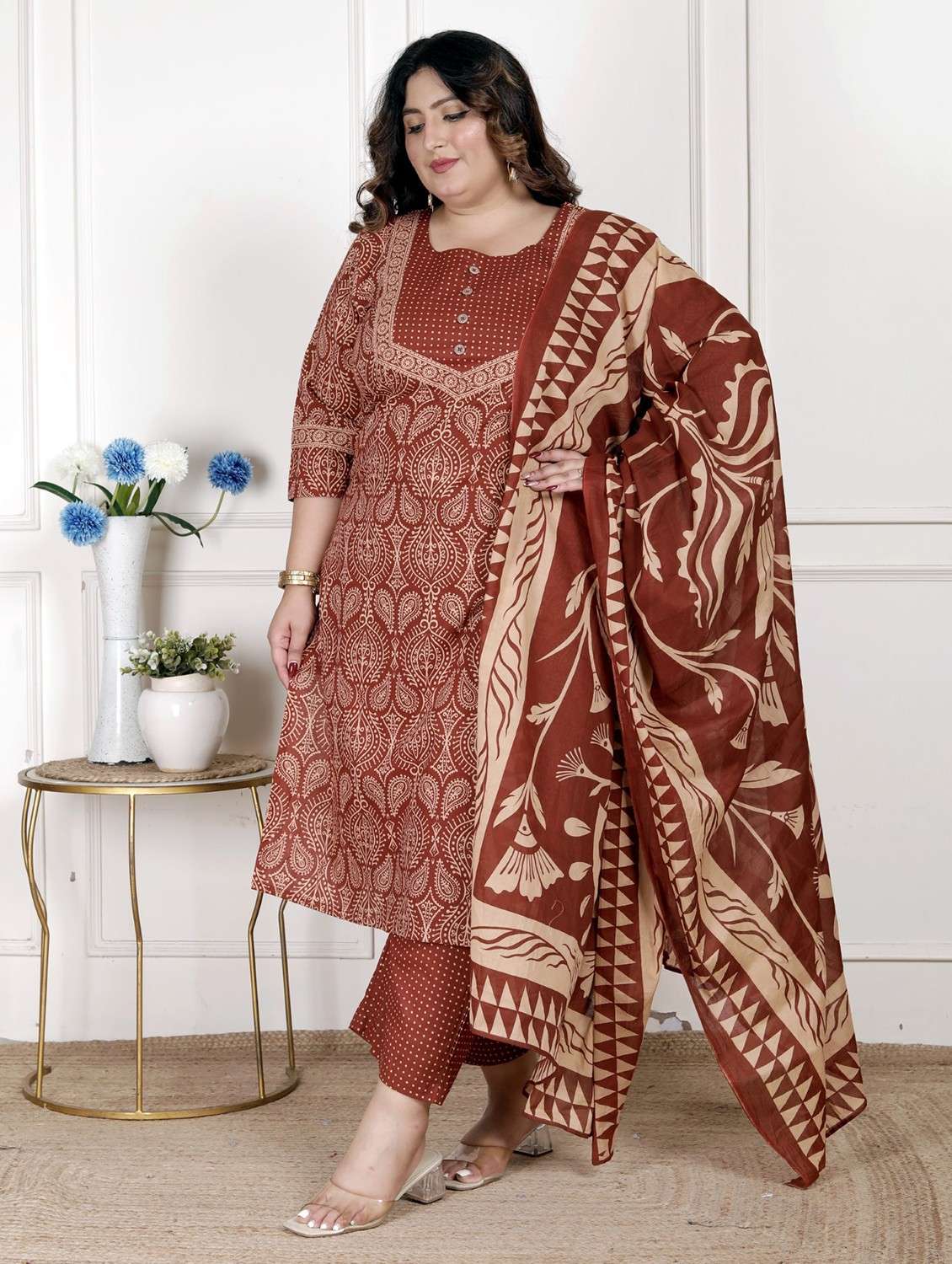 women printed three quarter sleeve kurta pant with dupatta set - 22076534 -  Standard Image - 1