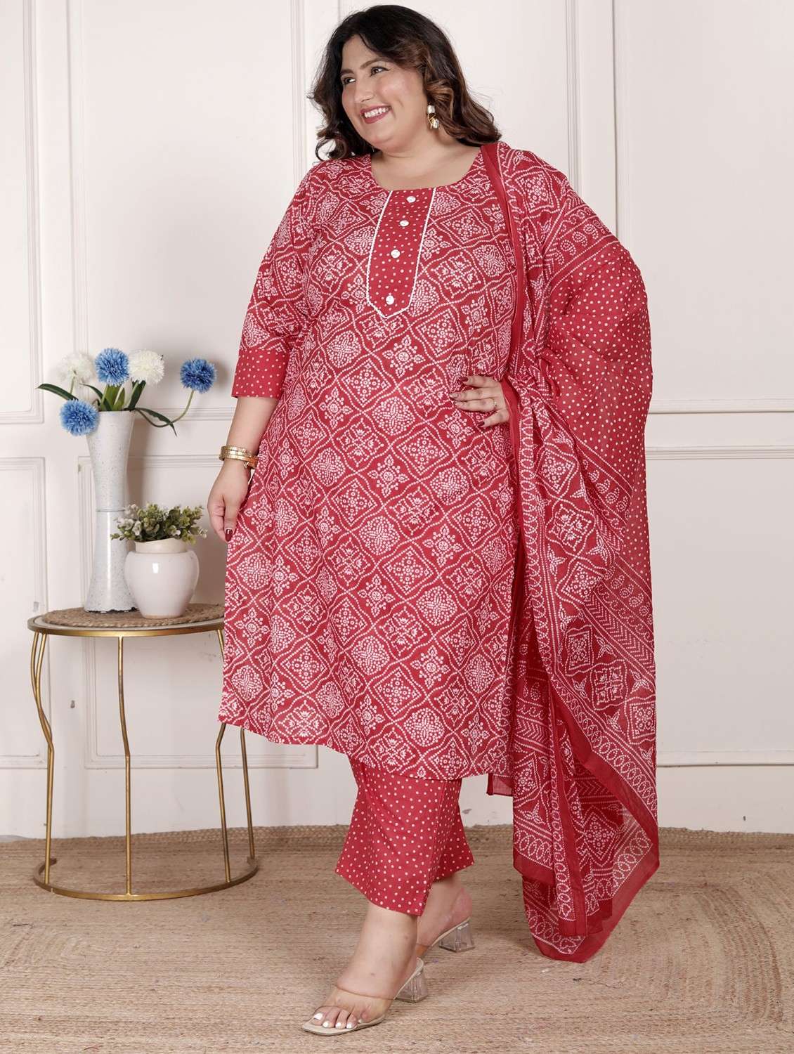 women bandhani printed three quarter sleeve kurta pant with dupatta set - 22076535 -  Standard Image - 1