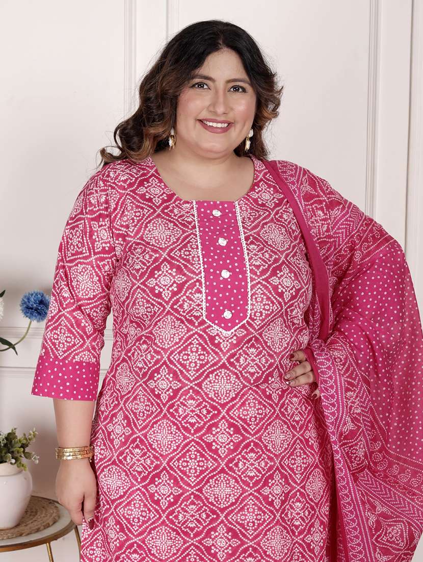 women bandhani printed three quarter sleeve kurta pant with dupatta set - 22076536 -  Standard Image - 4