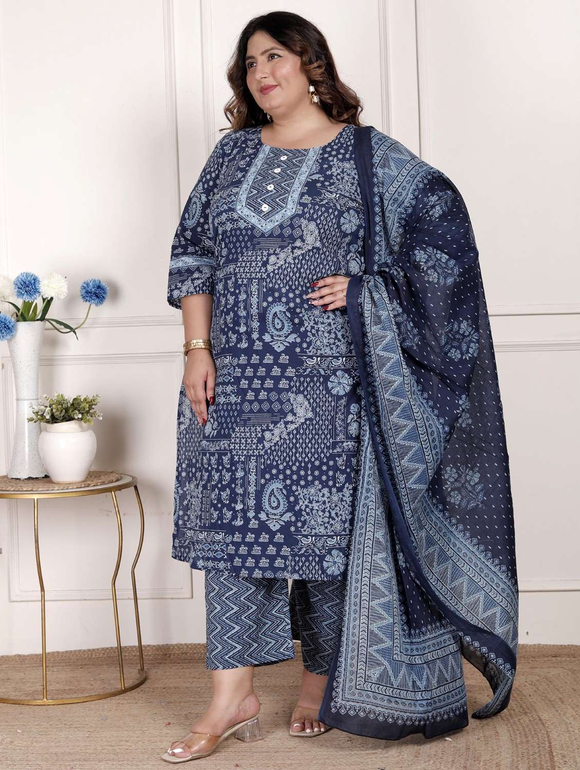 women printed three quarter sleeve kurta pant with dupatta set - 22076537 -  Standard Image - 1