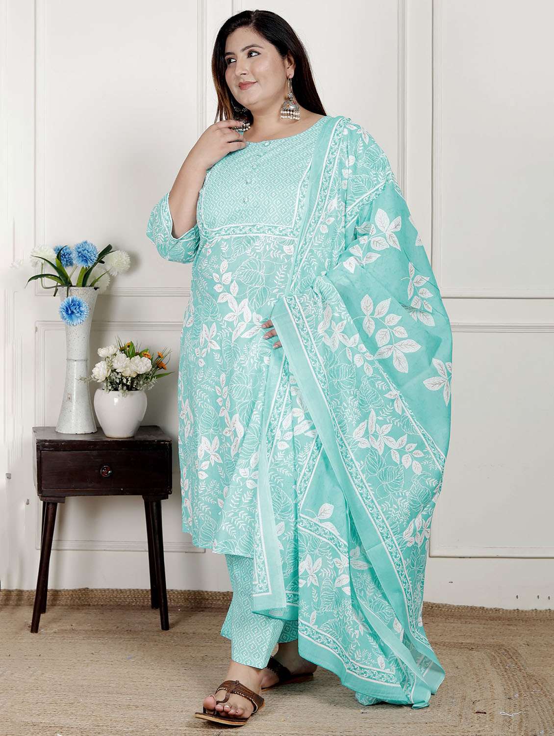 women printed three quarter sleeve kurta pant with dupatta set - 22076538 -  Standard Image - 1