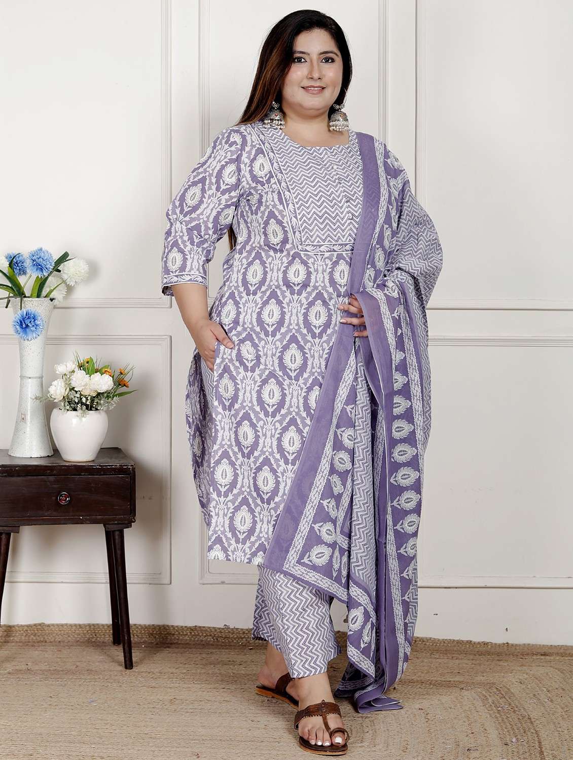 women printed three quarter sleeve kurta pant with dupatta set - 22076539 -  Standard Image - 1