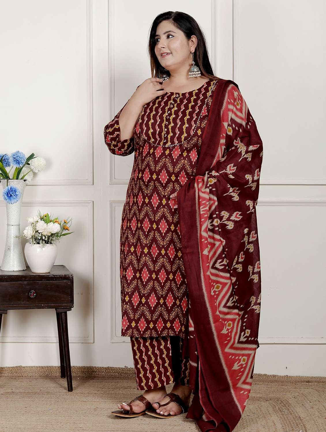 women printed three quarter sleeve kurta pant with dupatta set - 22076542 -  Standard Image - 1
