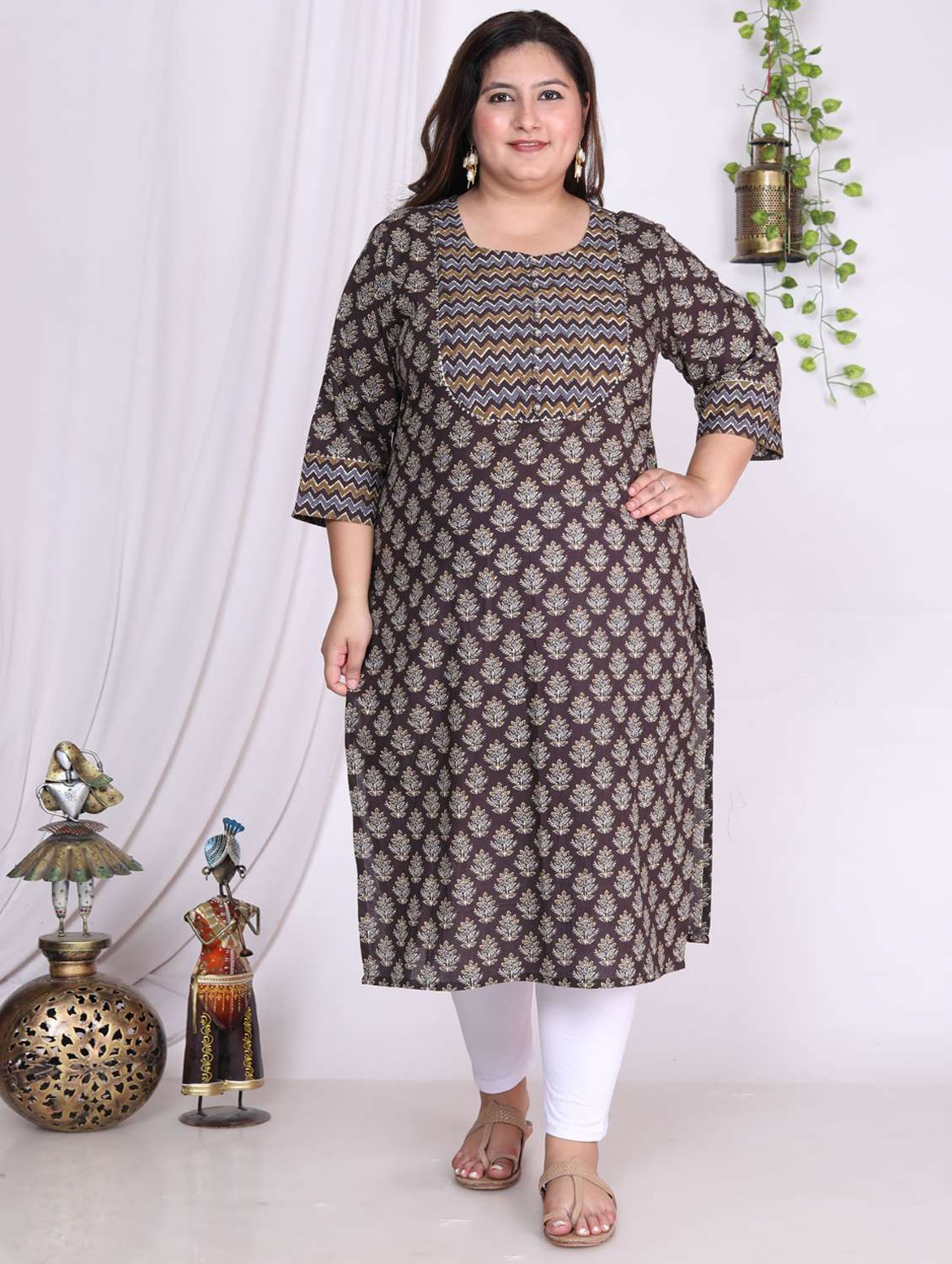 women plus size three quarter sleeve straight kurta