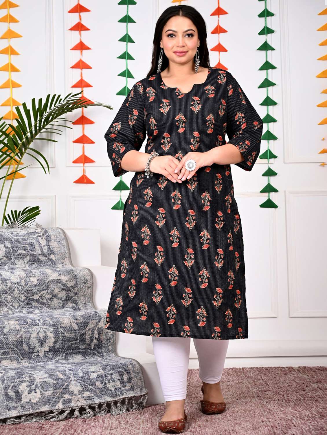 women plus size three quarter sleeve straight kurta