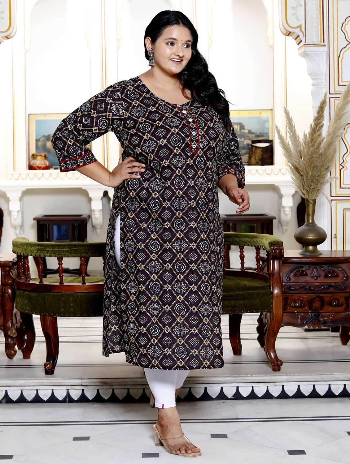 women plus size three quarter sleeve straight kurta - 22076579 - Standard Image - 1