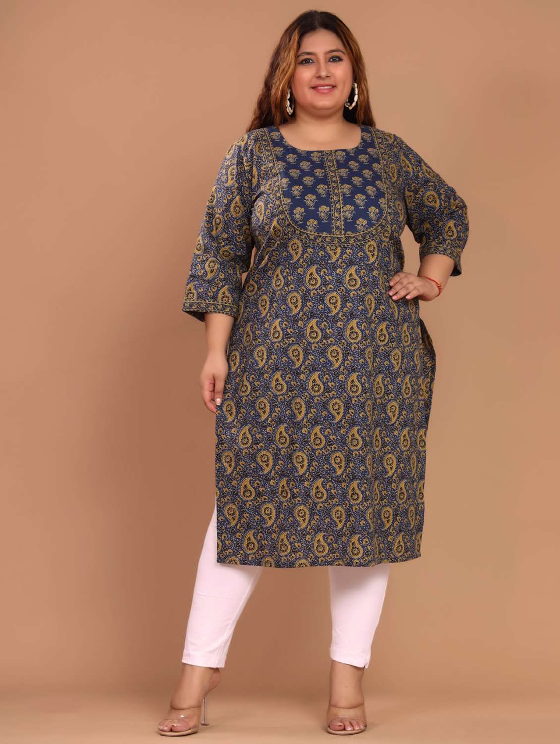 women plus size three quarter sleeve straight kurta