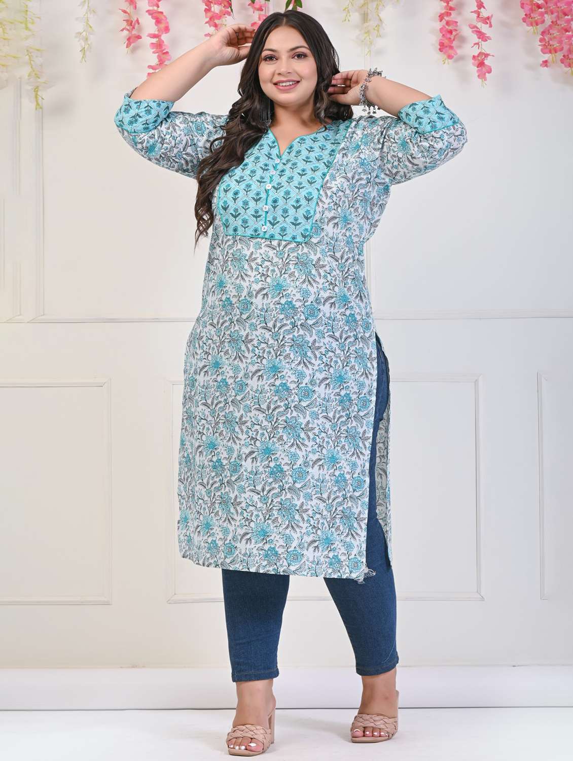 women plus size three quarter sleeve straight kurta - 22076648 -  Standard Image - 1
