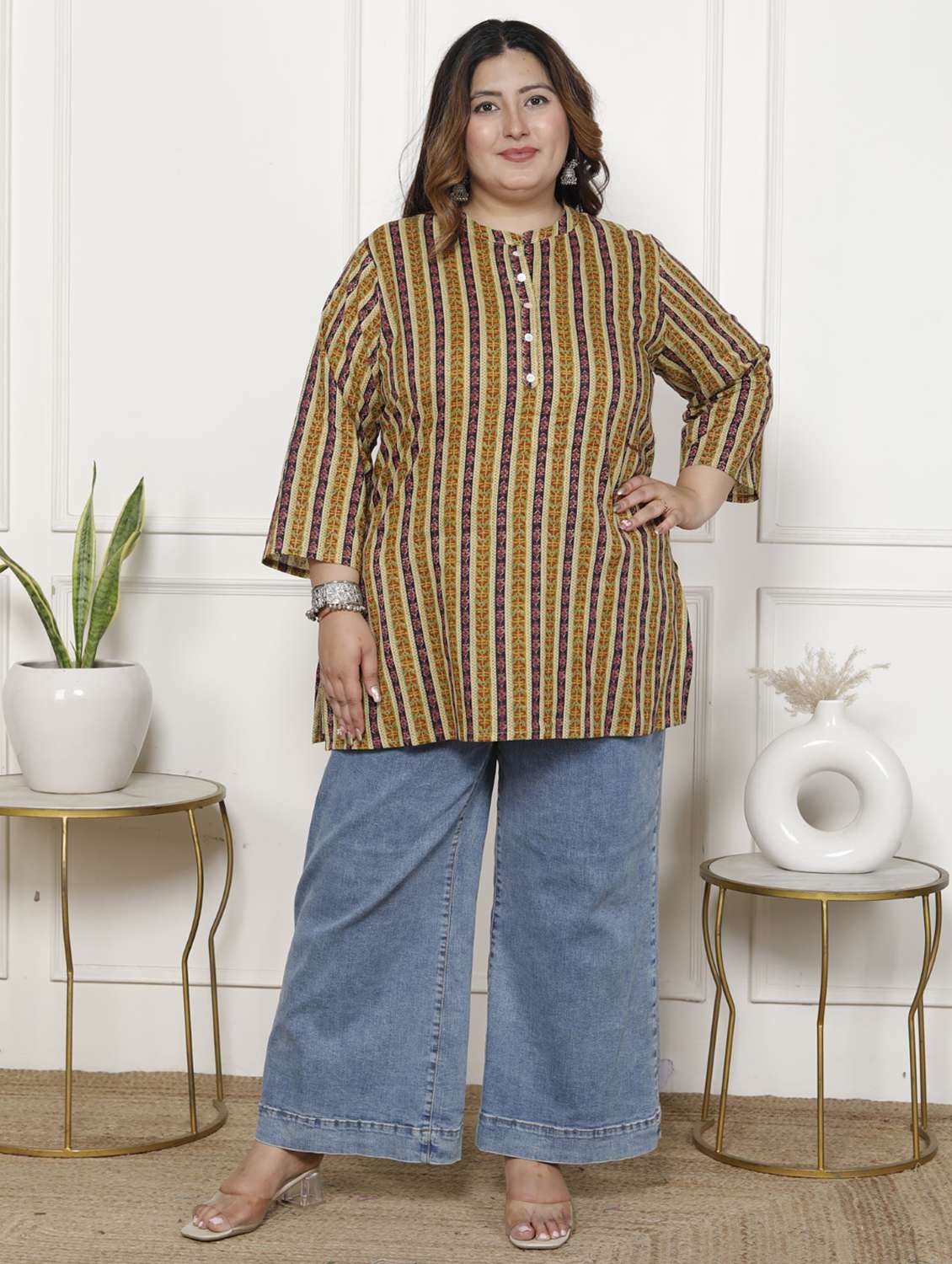 women plus size three quarter sleeve straight kurti