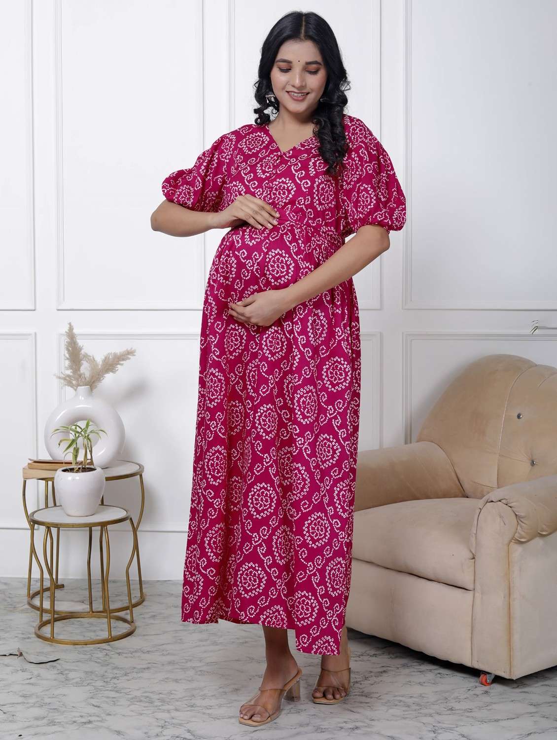 women printed puff sleeve maternity wear dress - 22076698 -  Standard Image - 1