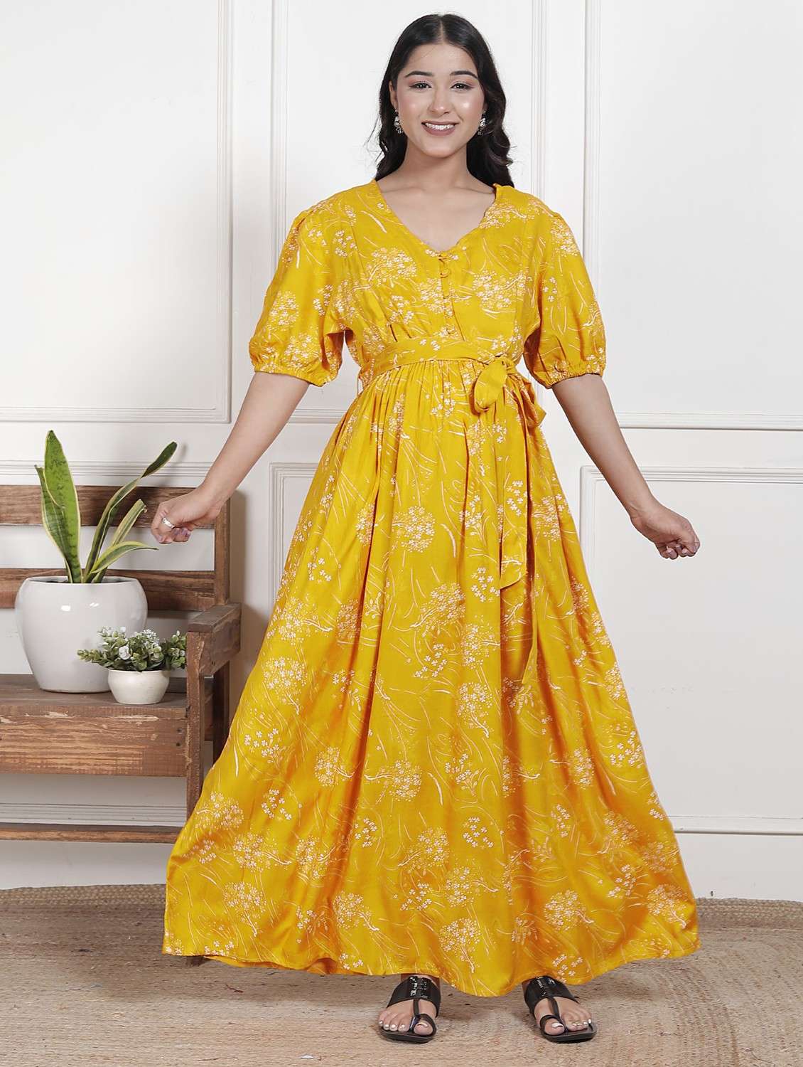 women printed puff sleeve maternity wear dress - 22076702 -  Standard Image - 1