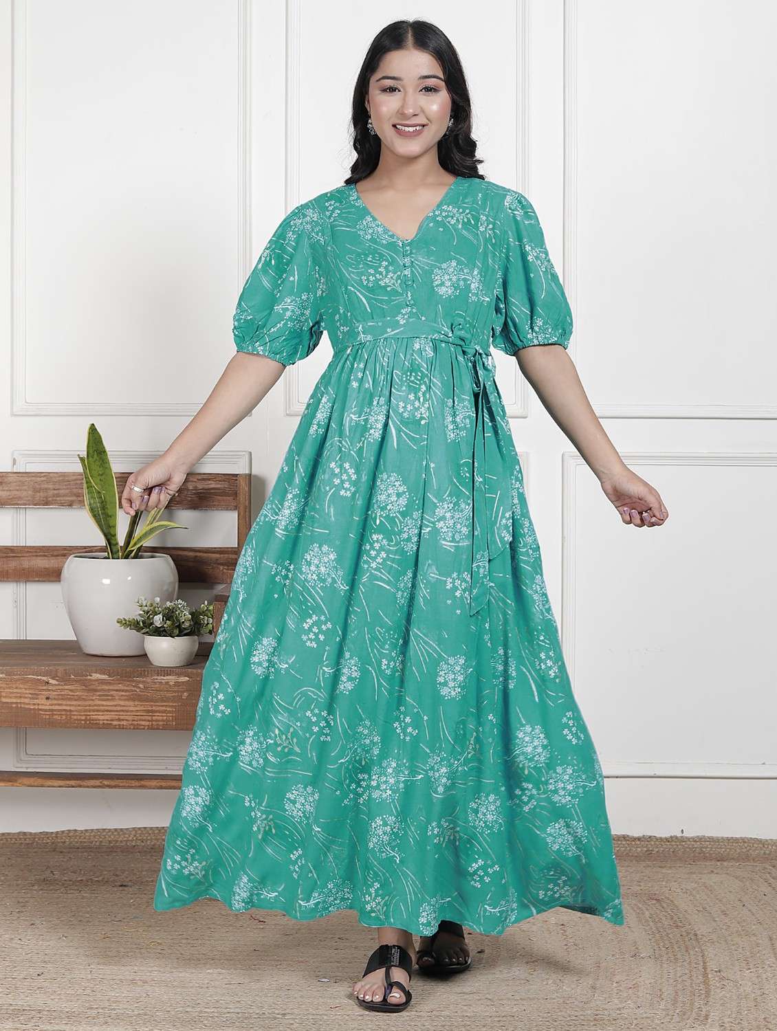 women printed puff sleeve maternity wear dress - 22076703 -  Standard Image - 1