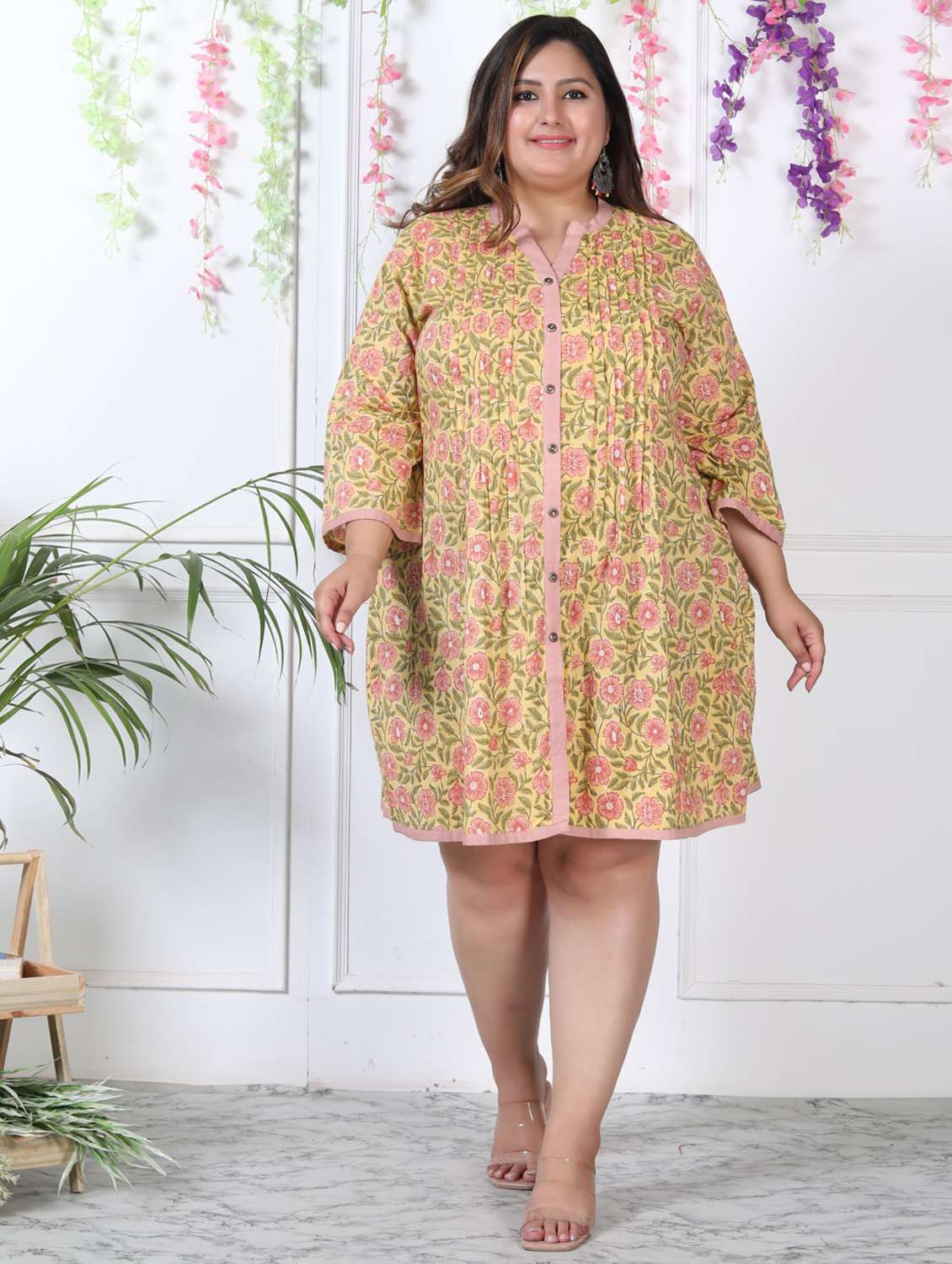 women plus size printed long sleeve a-line dress