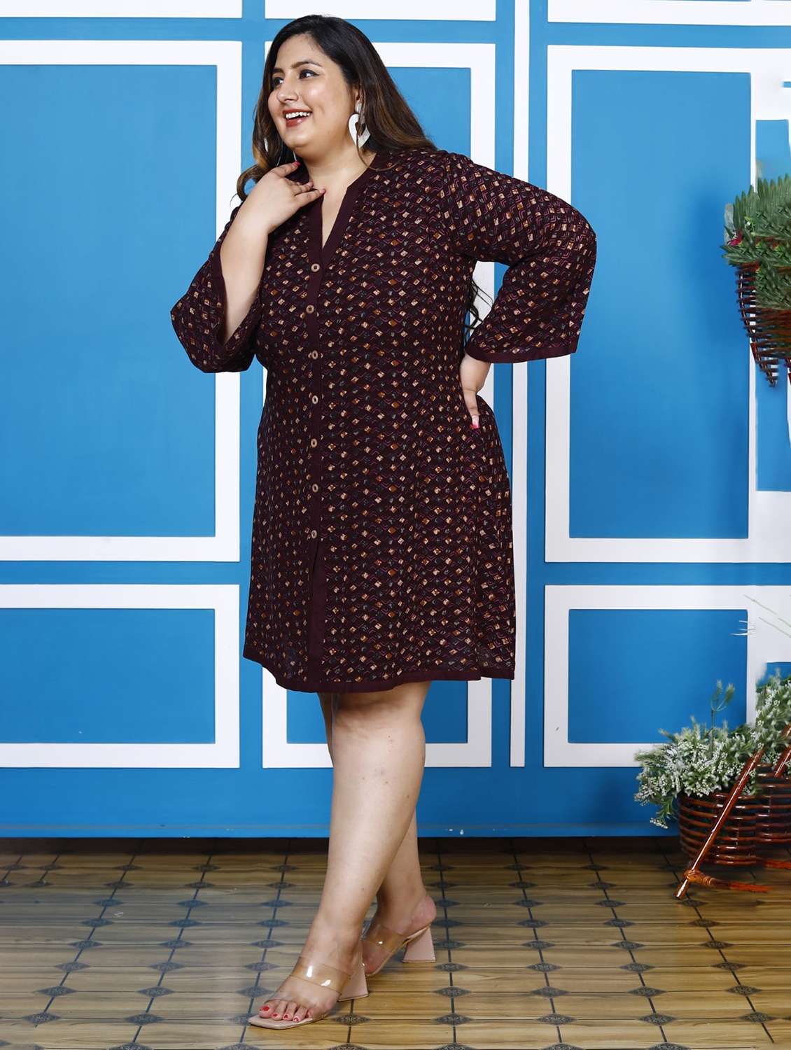women plus size printed long sleeve a-line dress - 22076716 - Standard Image - 1