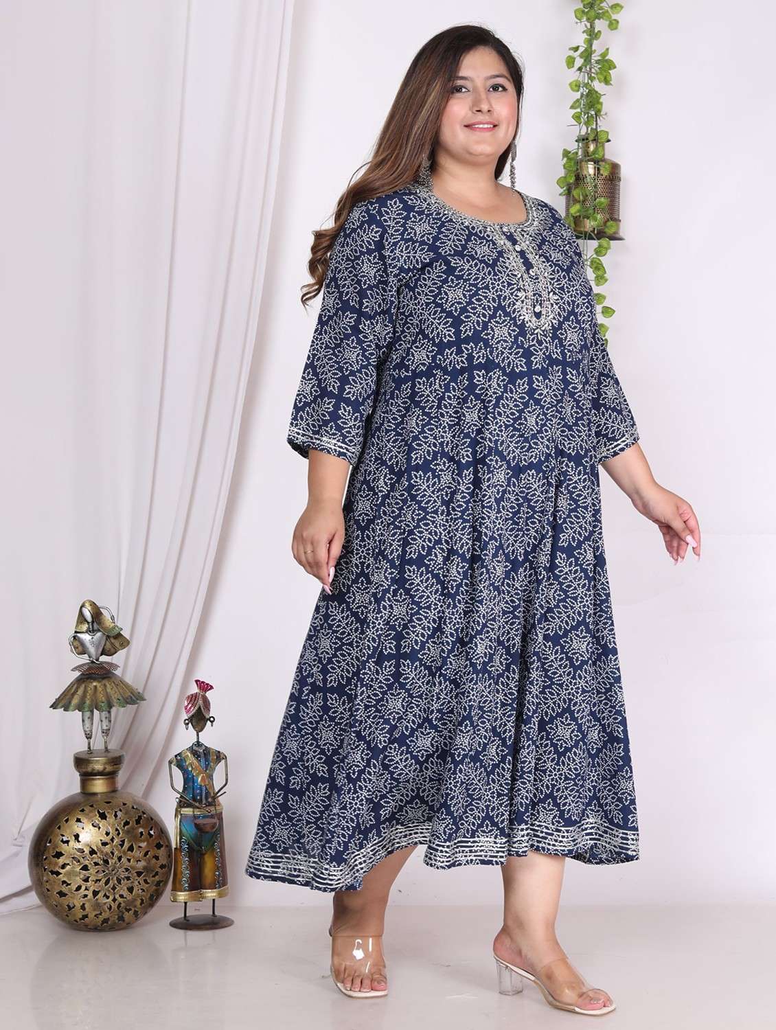 women printed three quarter sleeve a-line dress - 22076727 -  Standard Image - 1