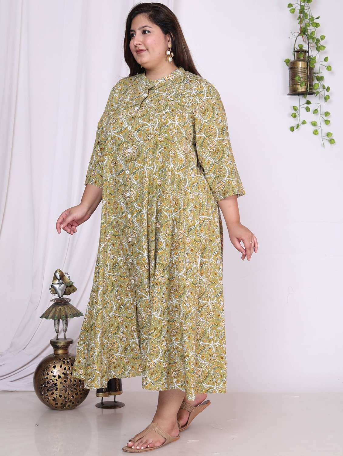 women printed three quarter sleeve flared dress - 22076735 -  Standard Image - 1