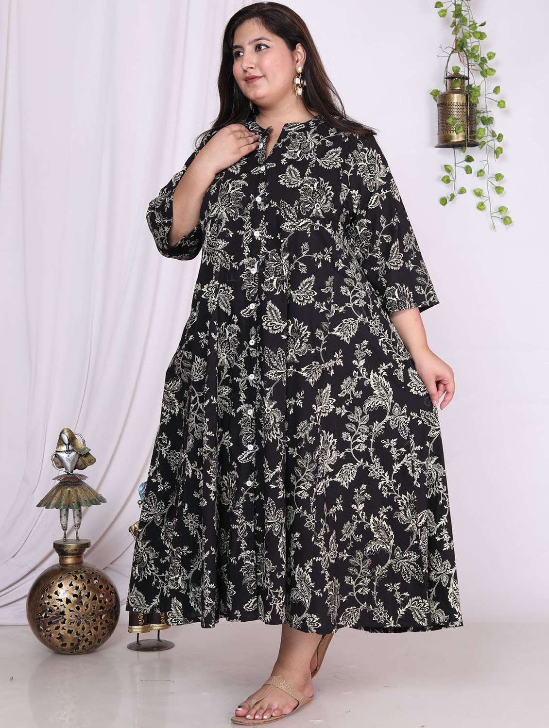 women printed three quarter sleeve flared dress - 22076738 -  Standard Image - 1
