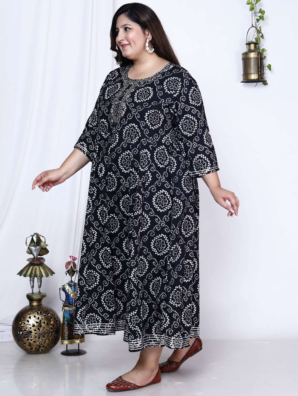 women printed three quarter sleeve flared dress - 22076742 -  Standard Image - 1