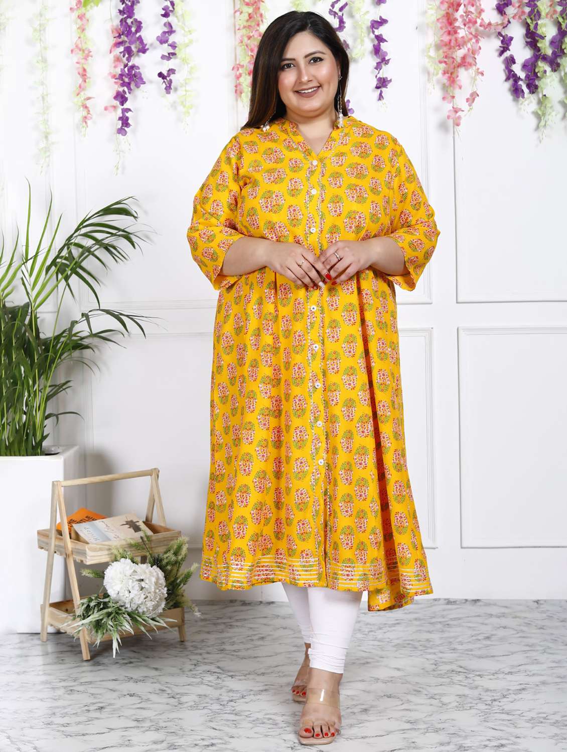 women printed three quarter sleeve a-line kurta