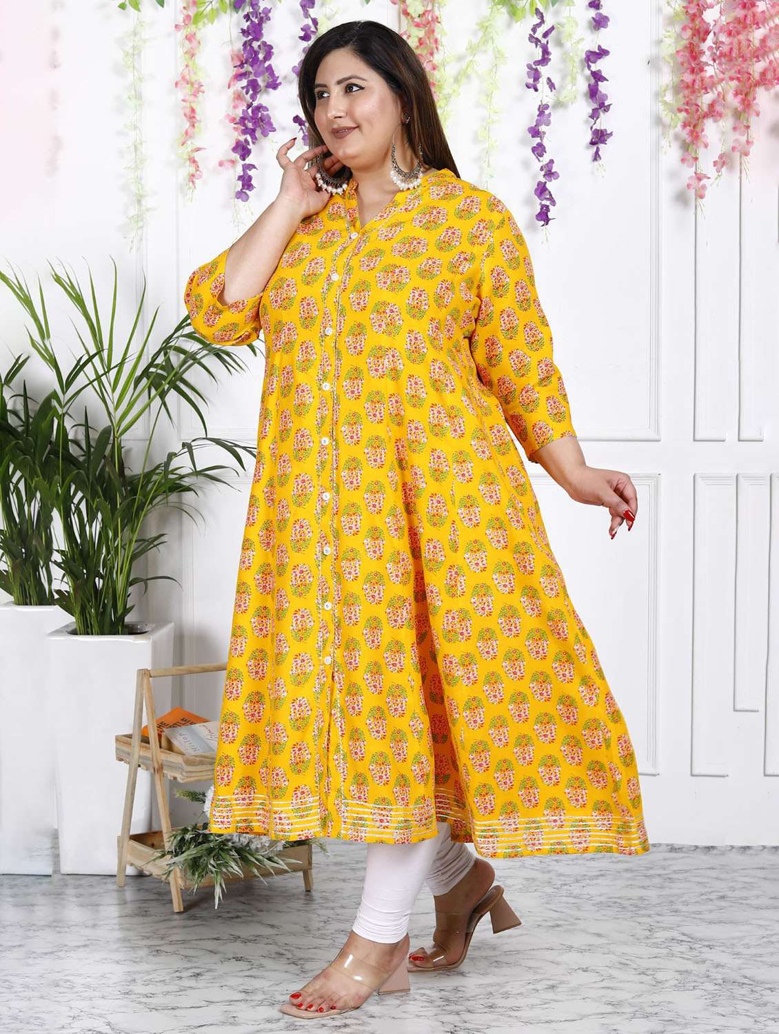 women printed three quarter sleeve a-line kurta - 22076746 -  Standard Image - 1