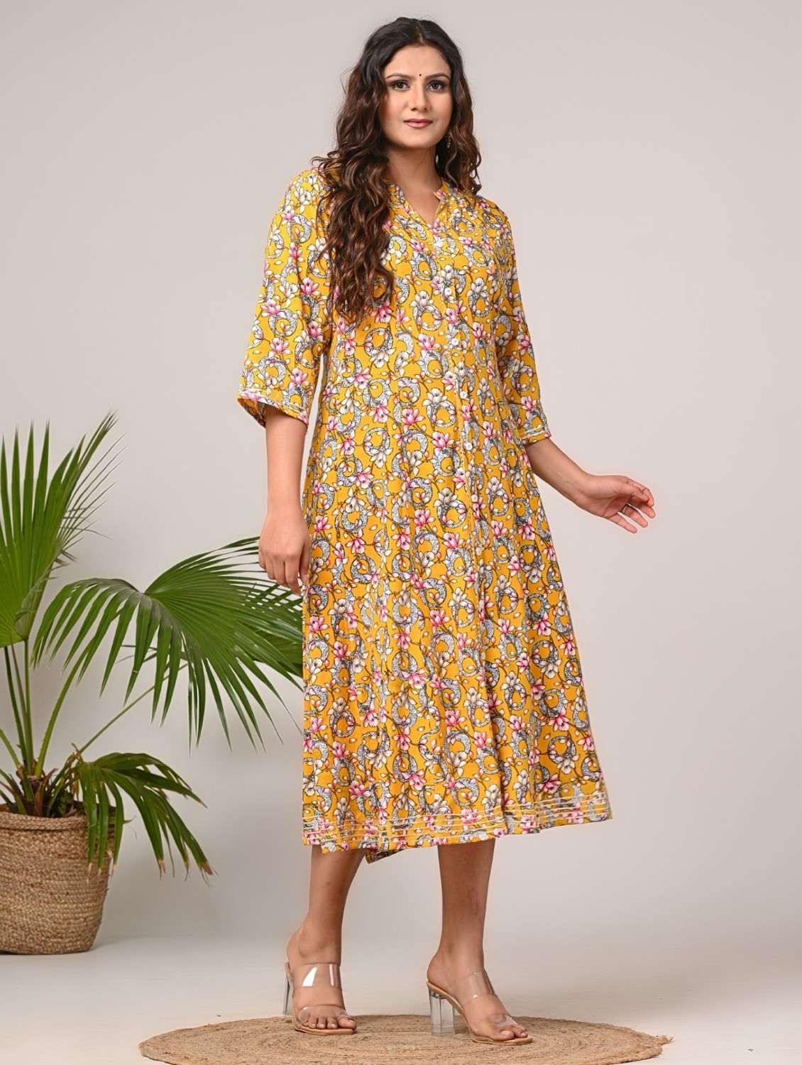 women printed three quarter sleeve a-line dress - 22076748 -  Standard Image - 1