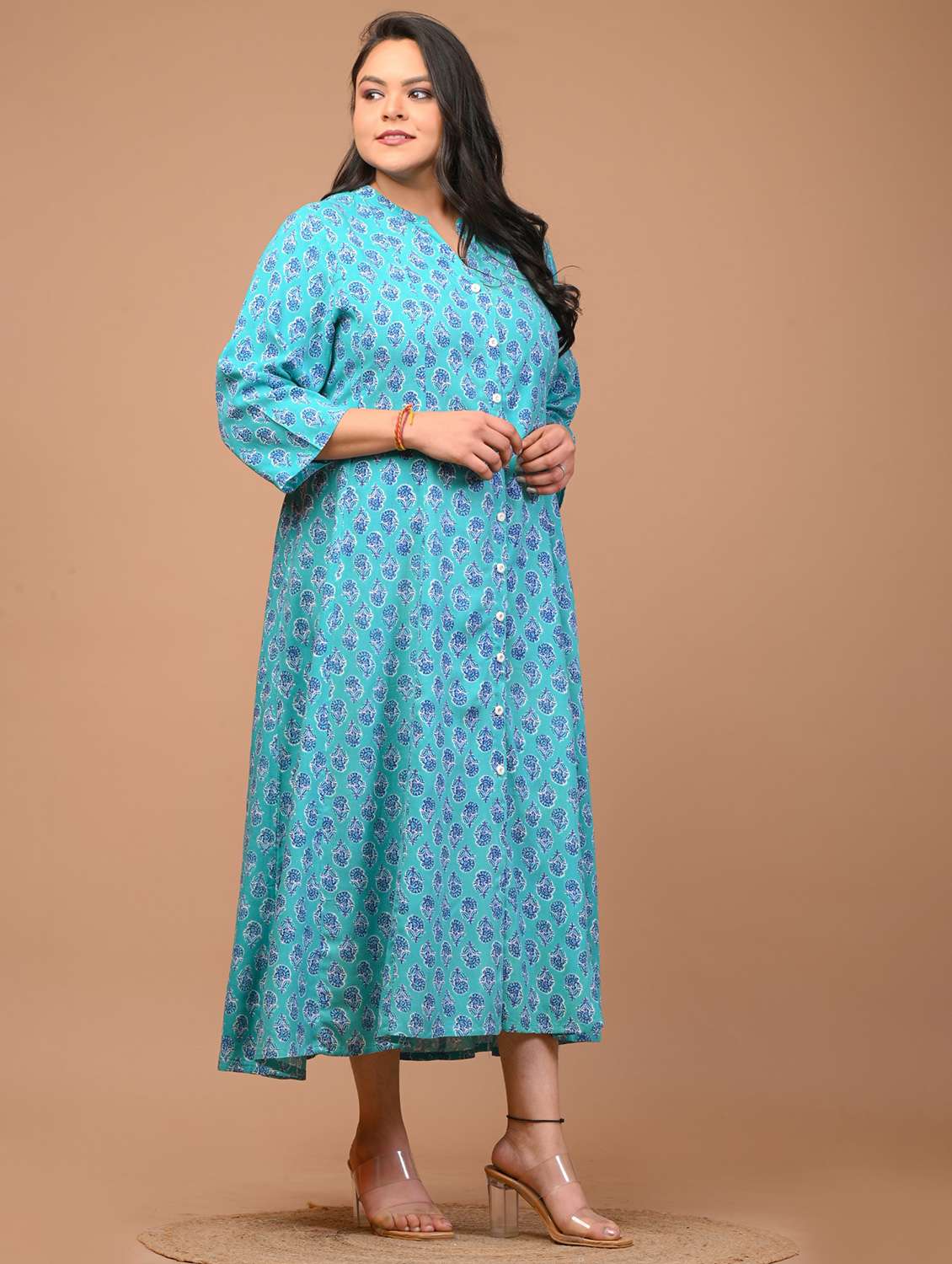 women printed three quarter sleeve a-line dress - 22076749 -  Standard Image - 1