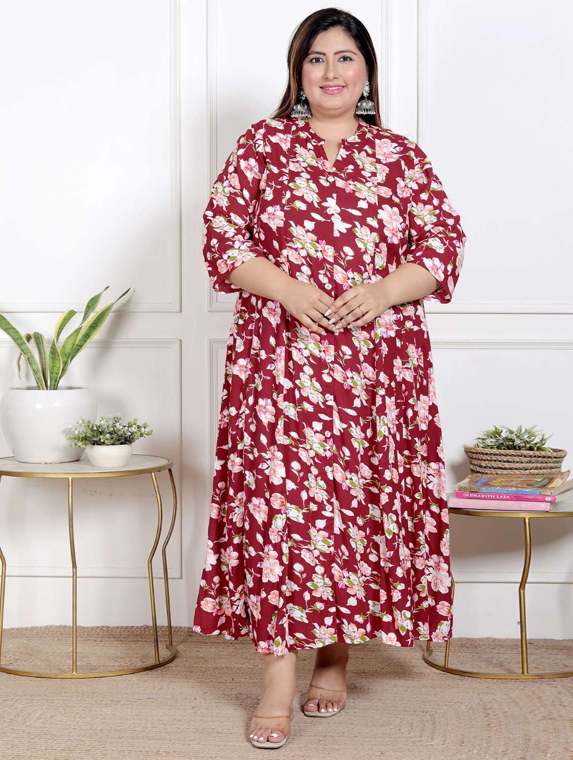 women plus size printed three quarter sleeve dress