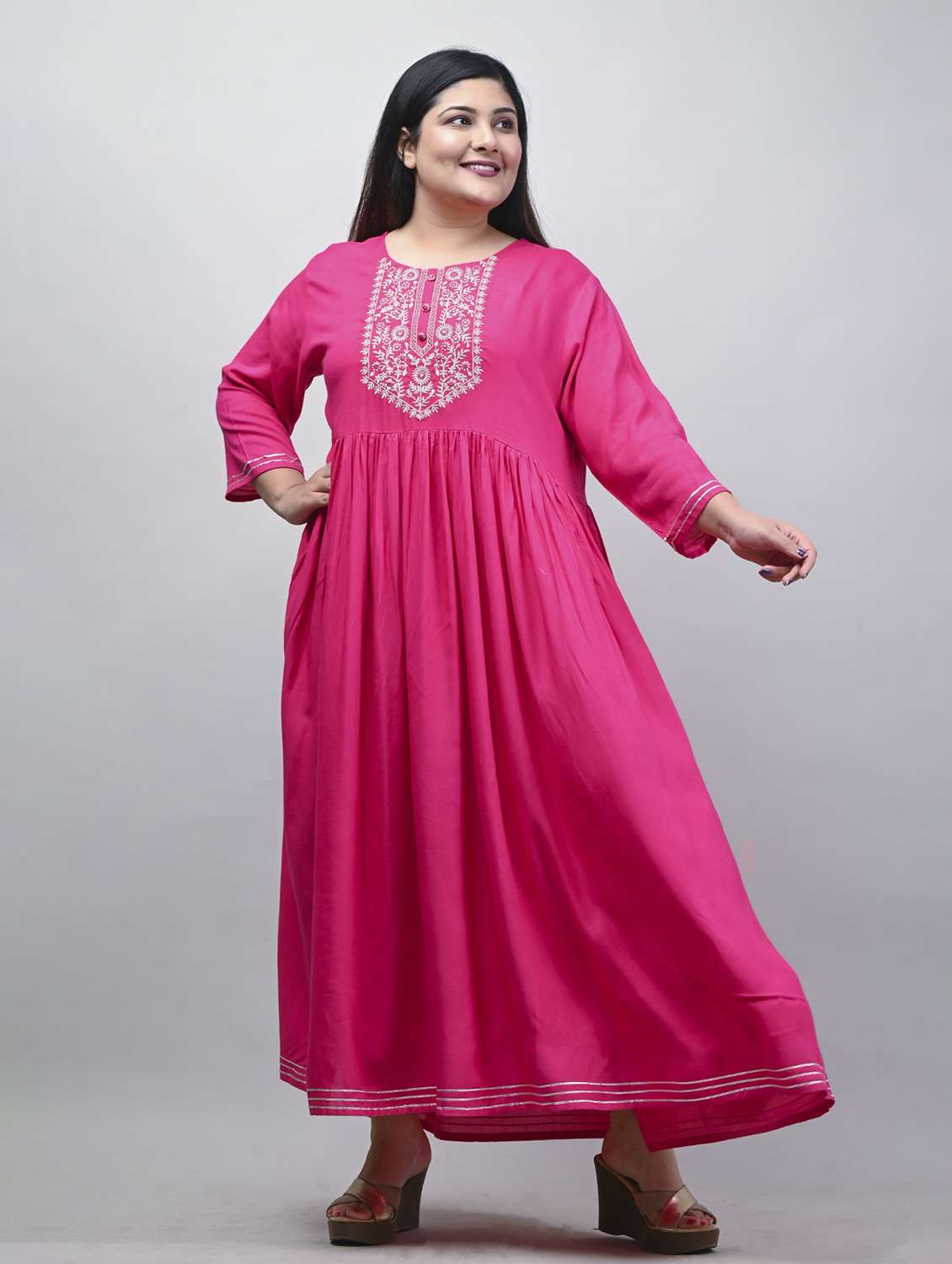 women plus size embroidered three quarter sleeve dress - 22076774 -  Standard Image - 1