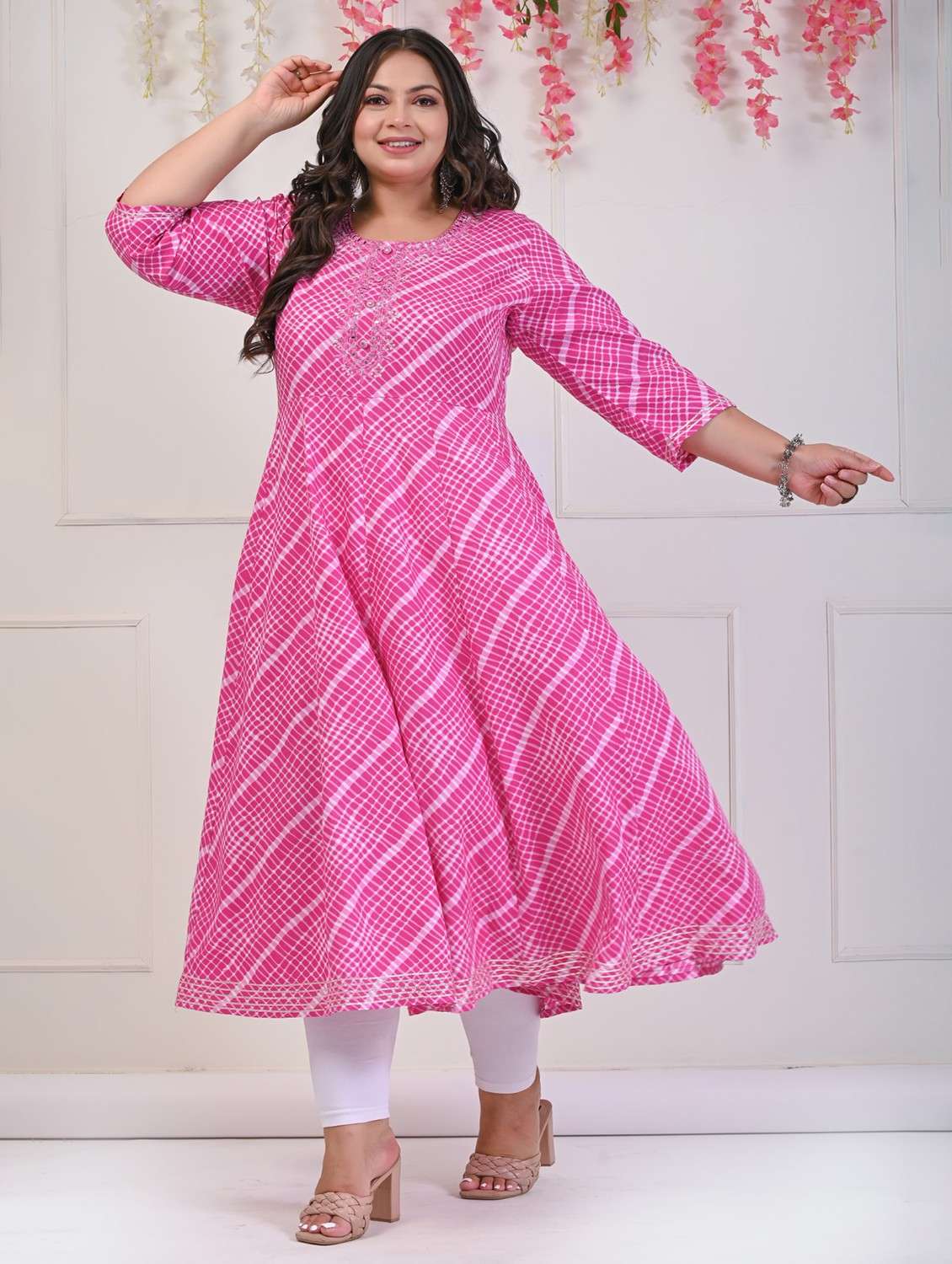 women printed three quarter sleeve a-line kurta - 22076779 -  Standard Image - 1